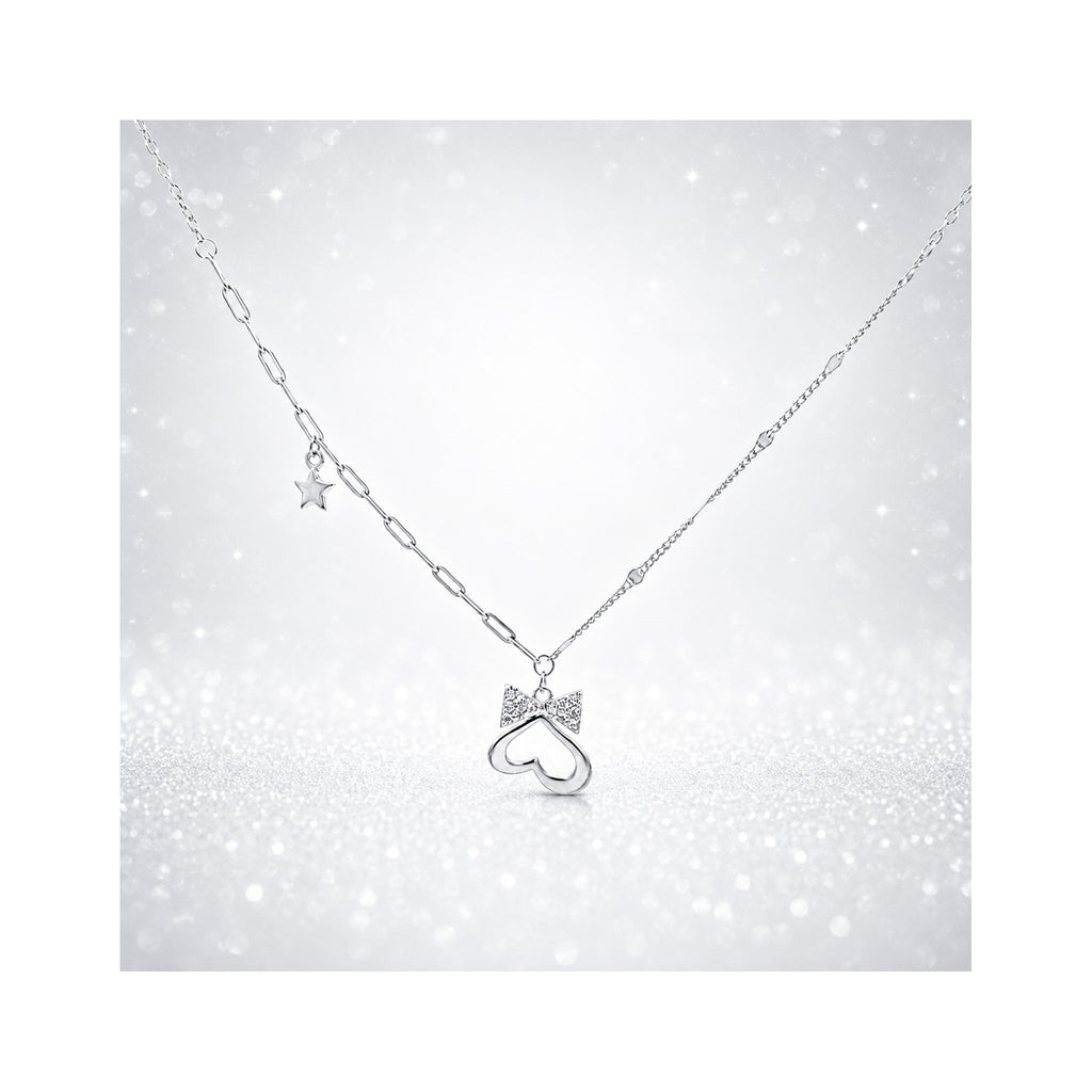 925 Sterling  Silver Bow and Heart Charm Necklace