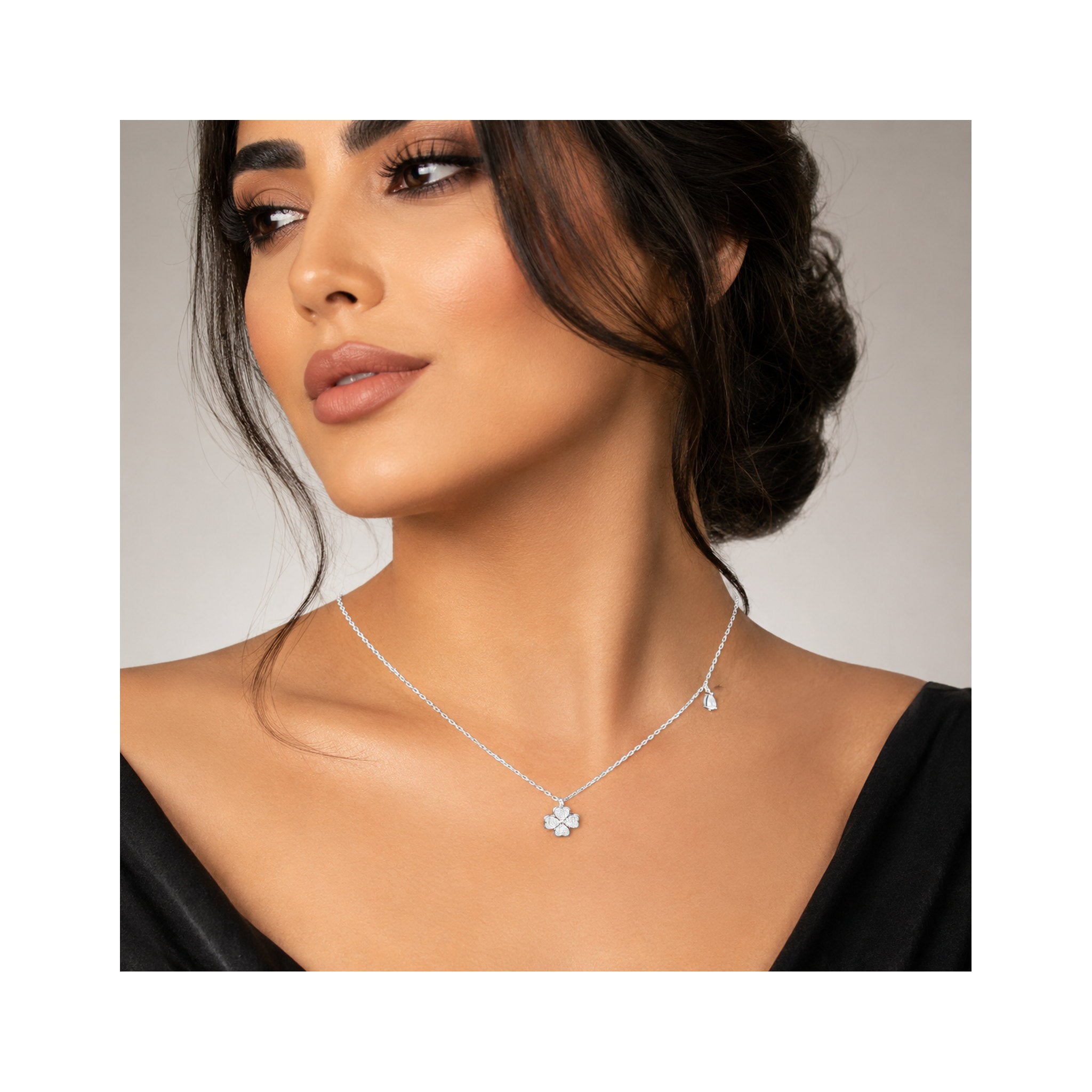 925 Sterling Silver Zircon  Pavé Clover Charm Necklace
