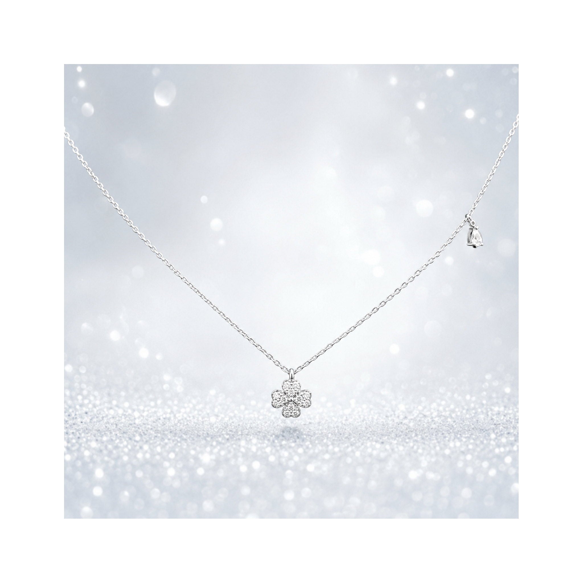 925 Sterling Silver Zircon  Pavé Clover Charm Necklace