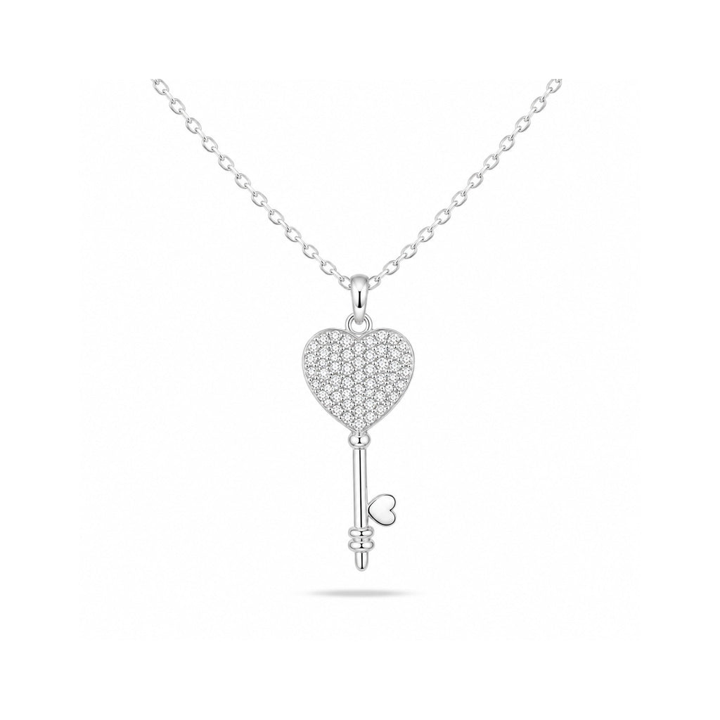 925 Sterling Silver Zircon  Pavé Heart Key Charm Necklace