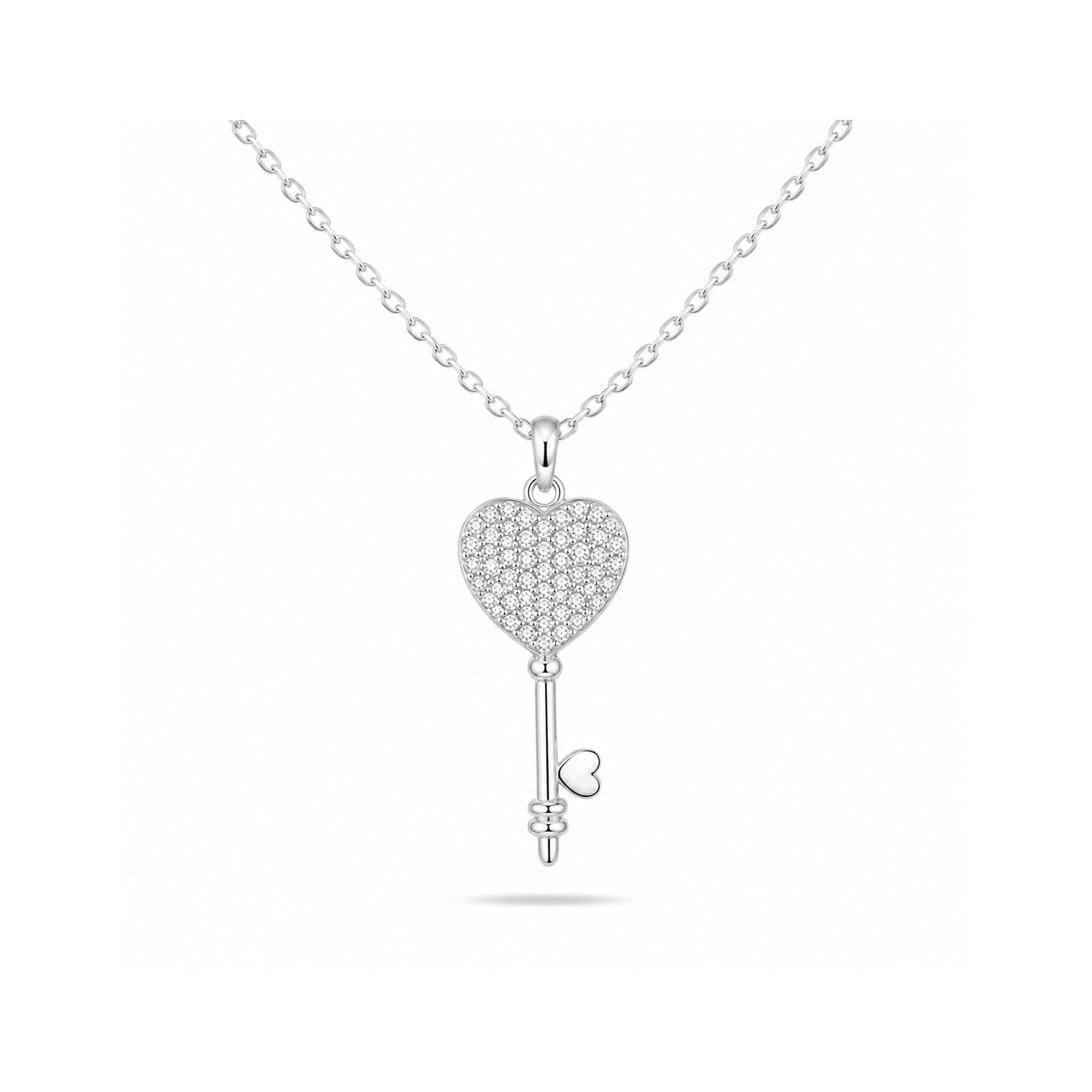 925 Sterling Silver Zircon  Pavé Heart Key Charm Necklace