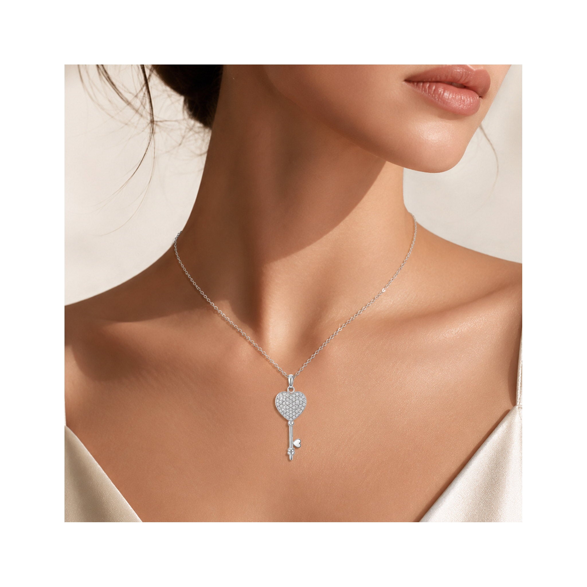 925 Sterling Silver Zircon  Pavé Heart Key Charm Necklace