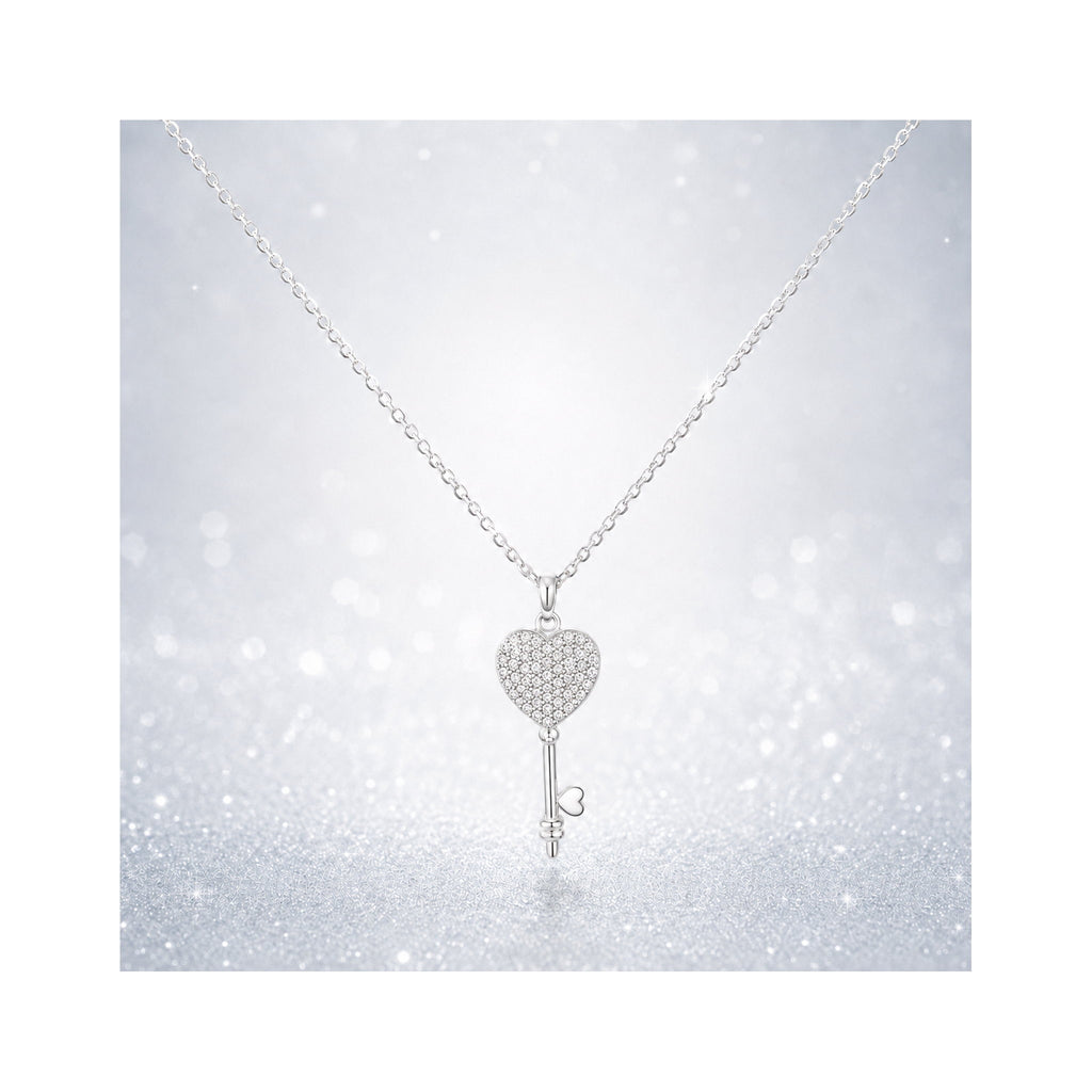 925 Sterling Silver Zircon  Pavé Heart Key Charm Necklace