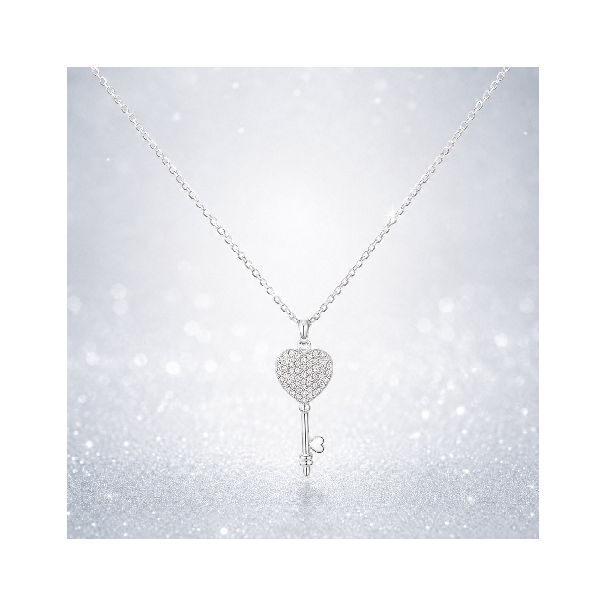 925 Sterling Silver Zircon  Pavé Heart Key Charm Necklace