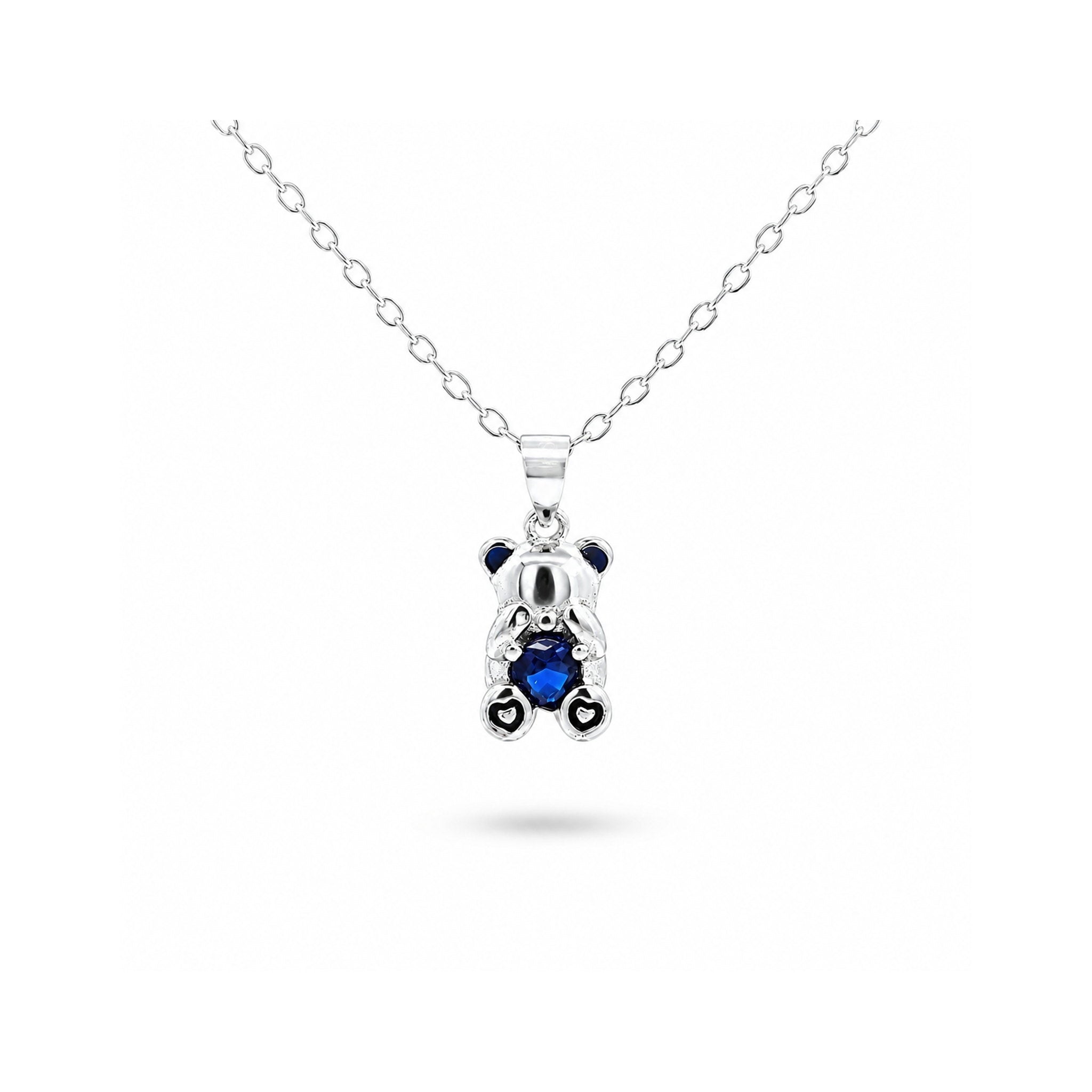 925 Sterling Silver Teddy Bear Charm Necklace with Blue Gemstone Heart
