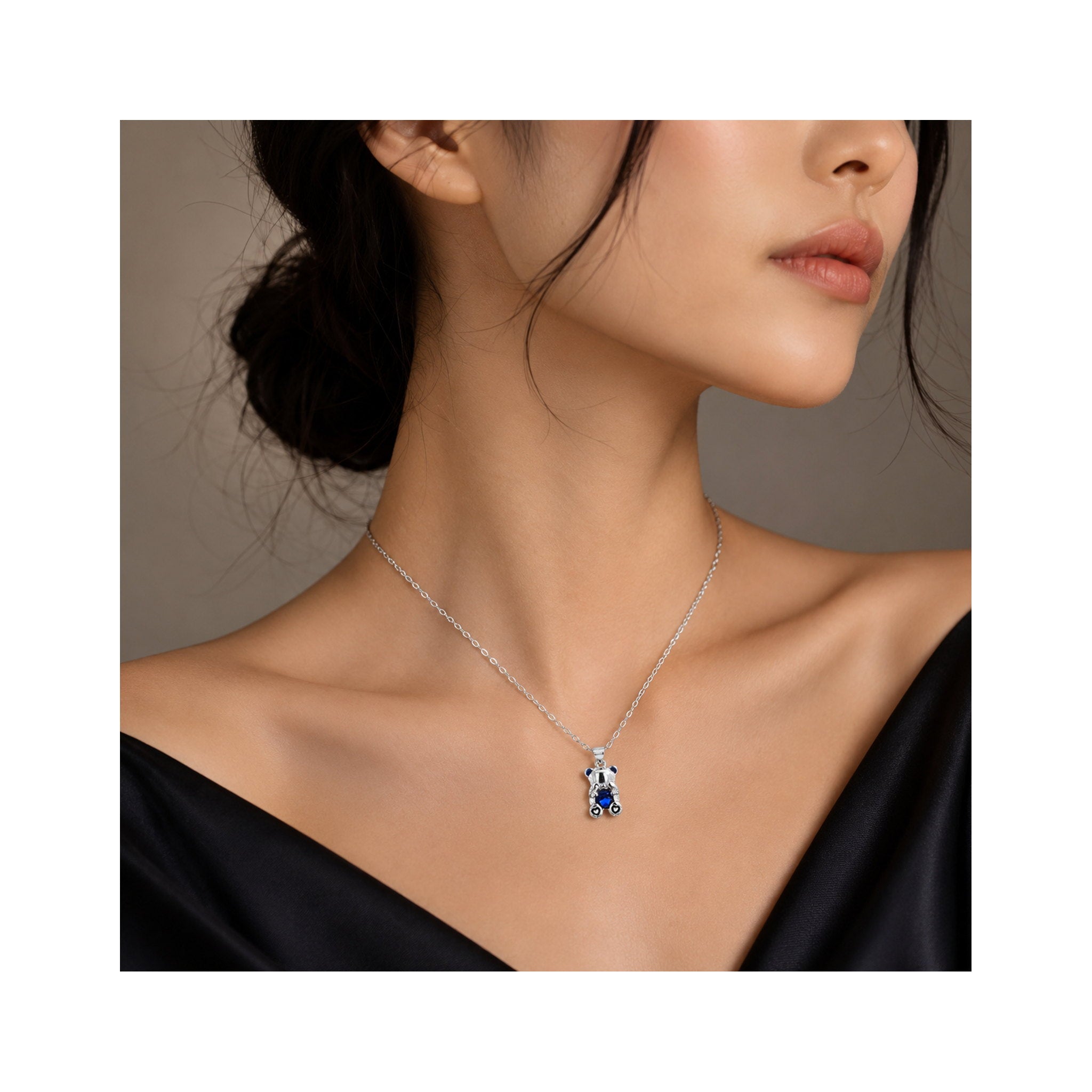 925 Sterling Silver Teddy Bear Charm Necklace with Blue Gemstone Heart
