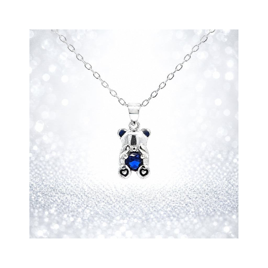 925 Sterling Silver Teddy Bear Charm Necklace with Blue Gemstone Heart