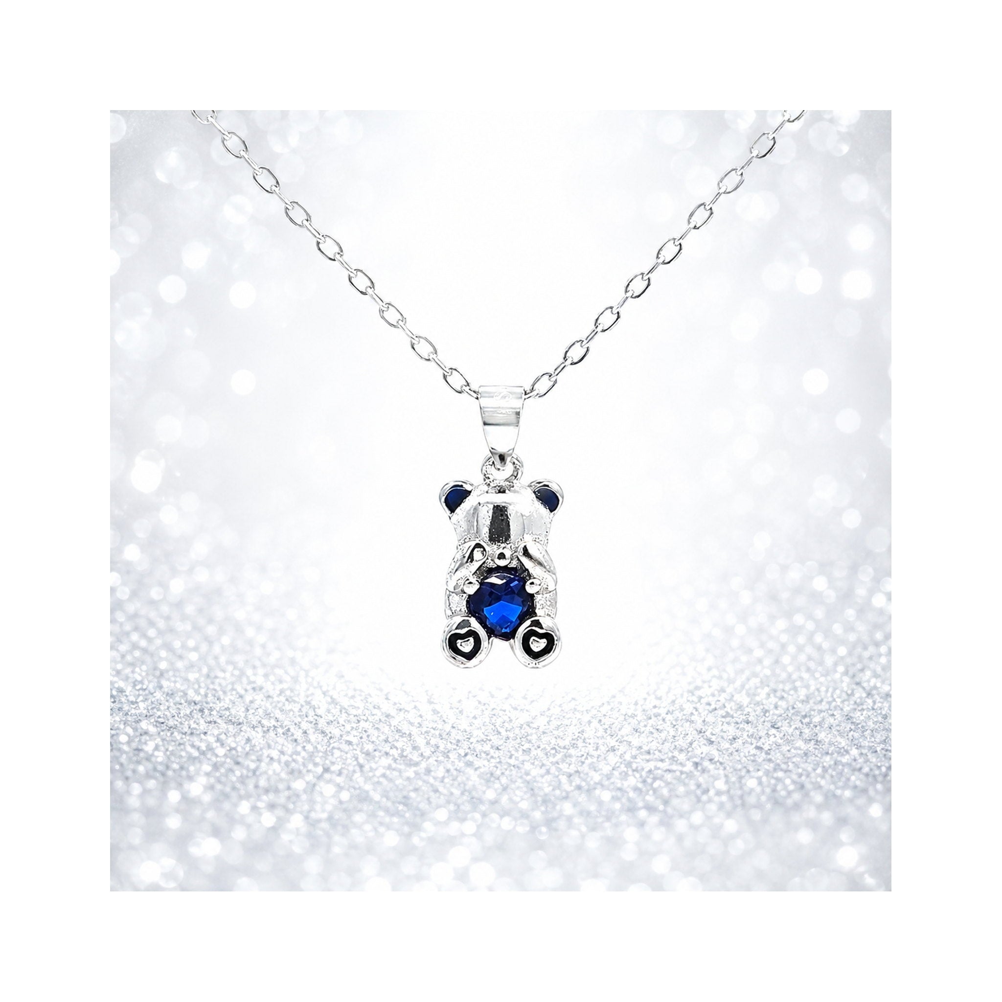 925 Sterling Silver Teddy Bear Charm Necklace with Blue Gemstone Heart