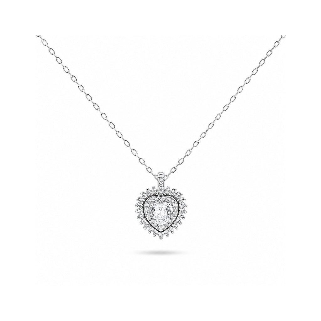 925 Sterling Silver  Zircon Heart Double Halo Pendant Necklace