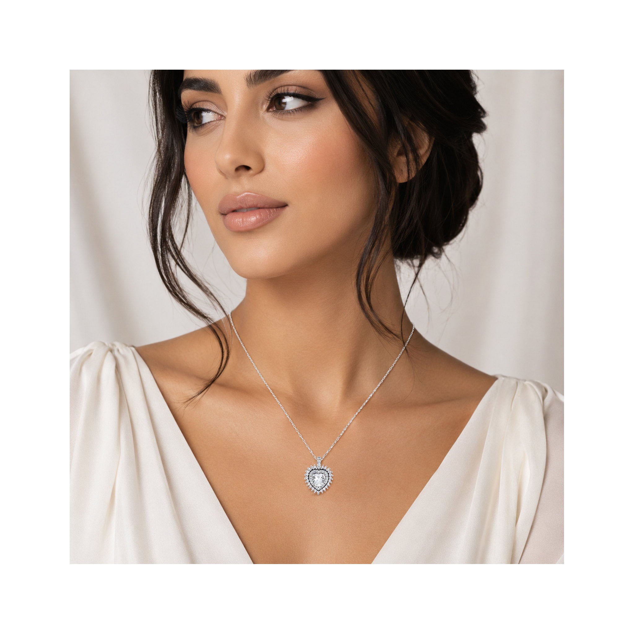 925 Sterling Silver  Zircon Heart Double Halo Pendant Necklace