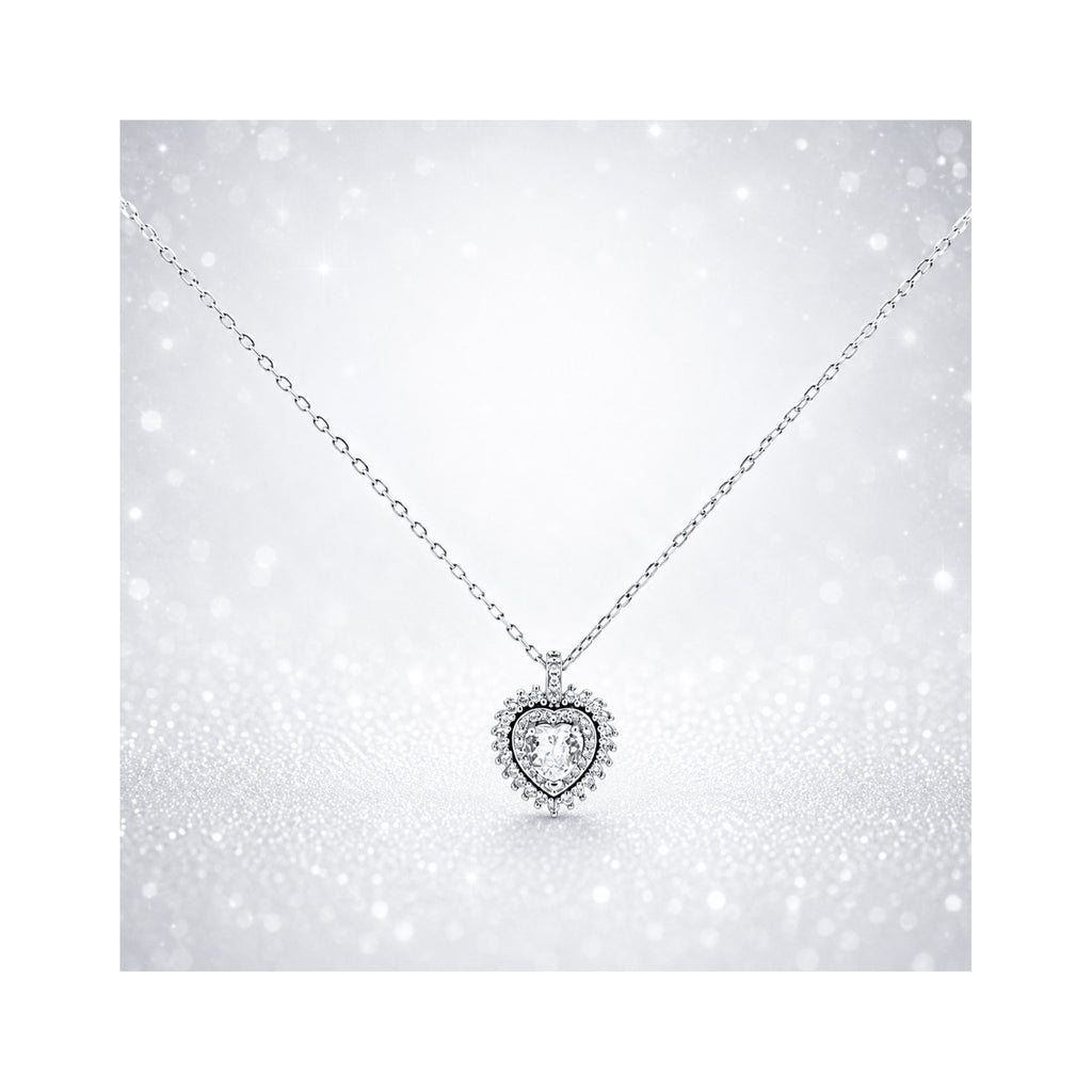 925 Sterling Silver  Zircon Heart Double Halo Pendant Necklace