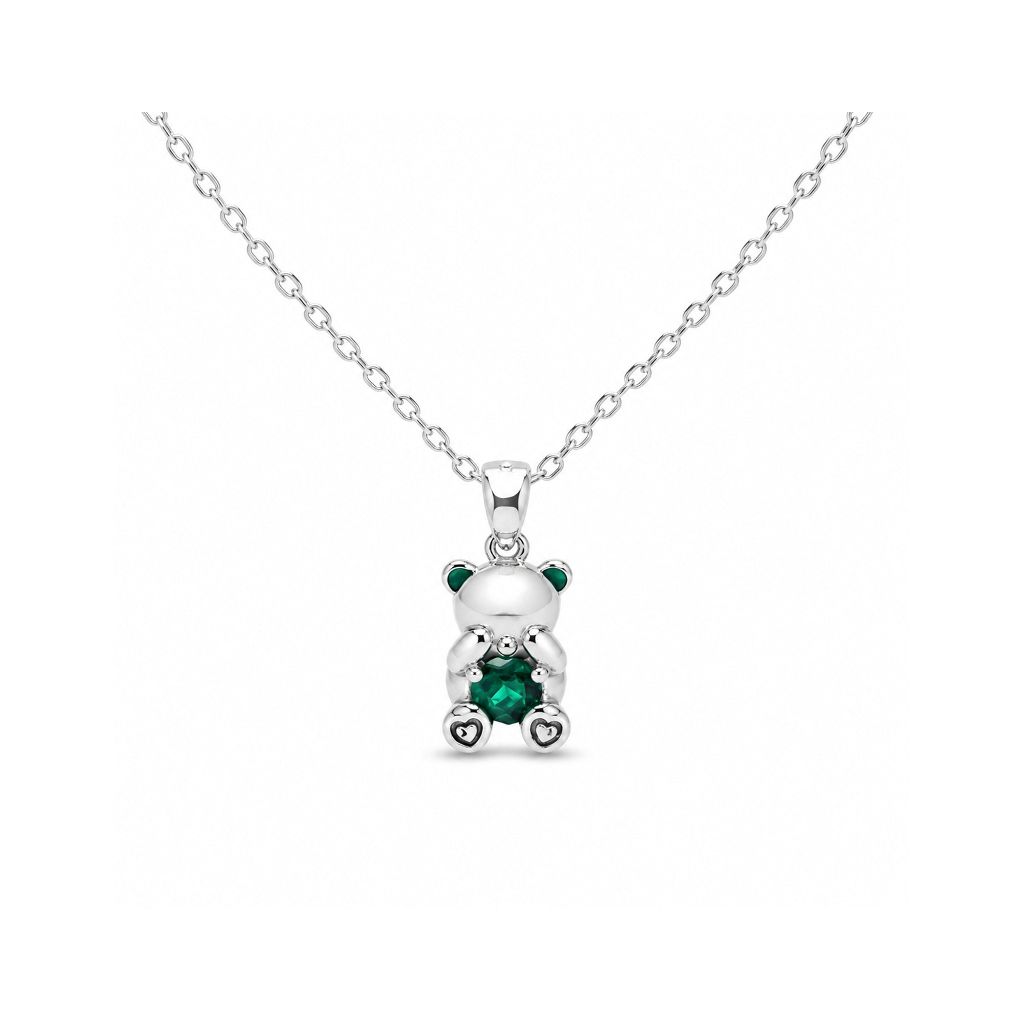 925 Sterling Silver Teddy Bear Charm Necklace with Green Gemstone