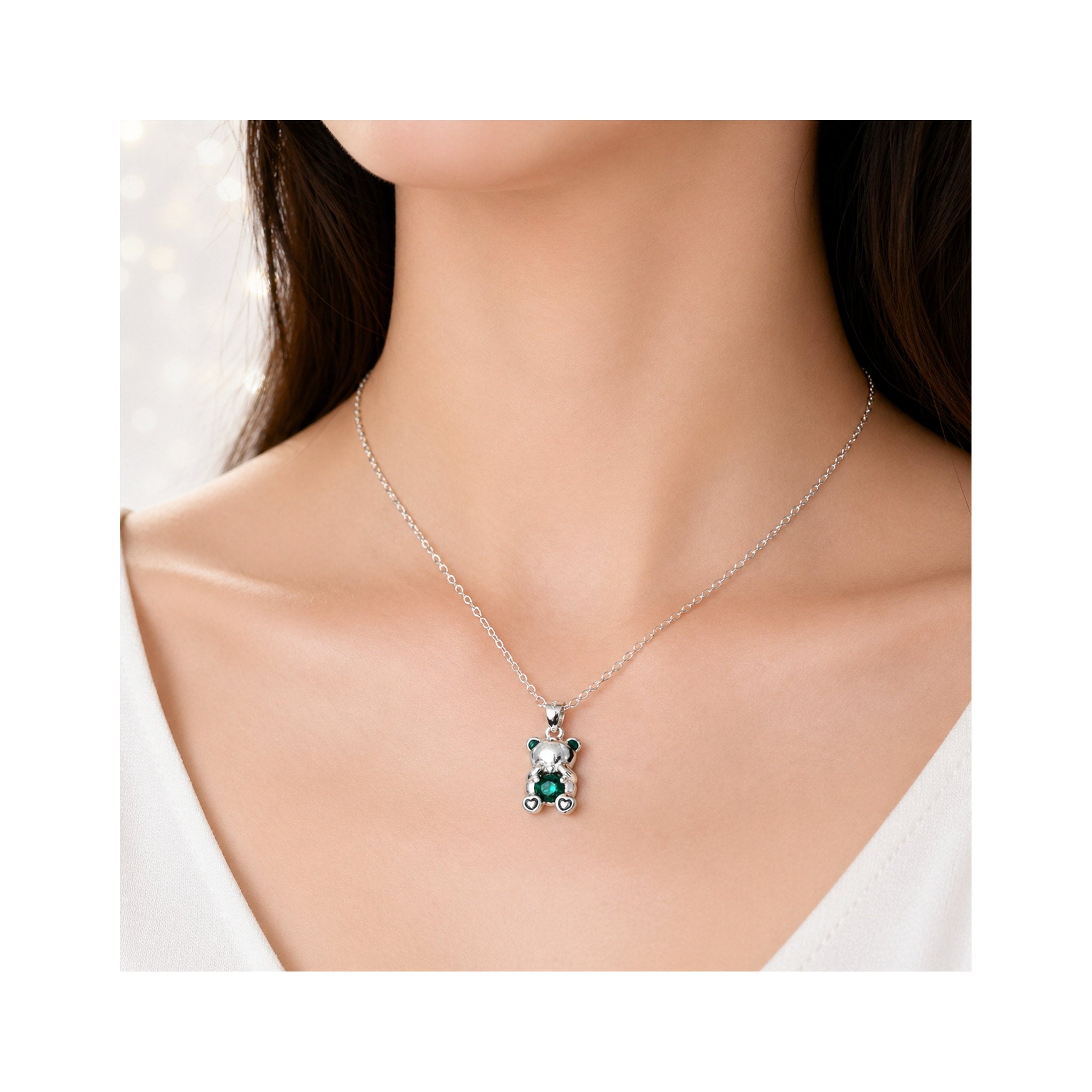 925 Sterling Silver Teddy Bear Charm Necklace with Green Gemstone