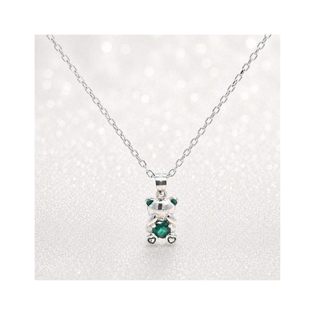 925 Sterling Silver Teddy Bear Charm Necklace with Green Gemstone