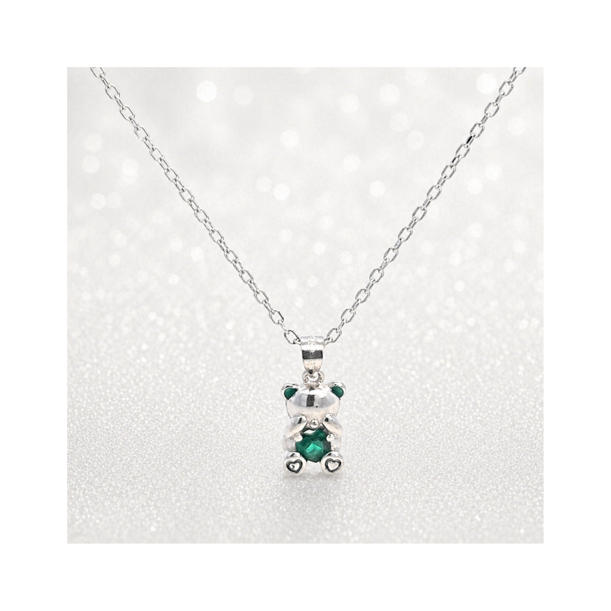 925 Sterling Silver Teddy Bear Charm Necklace with Green Gemstone