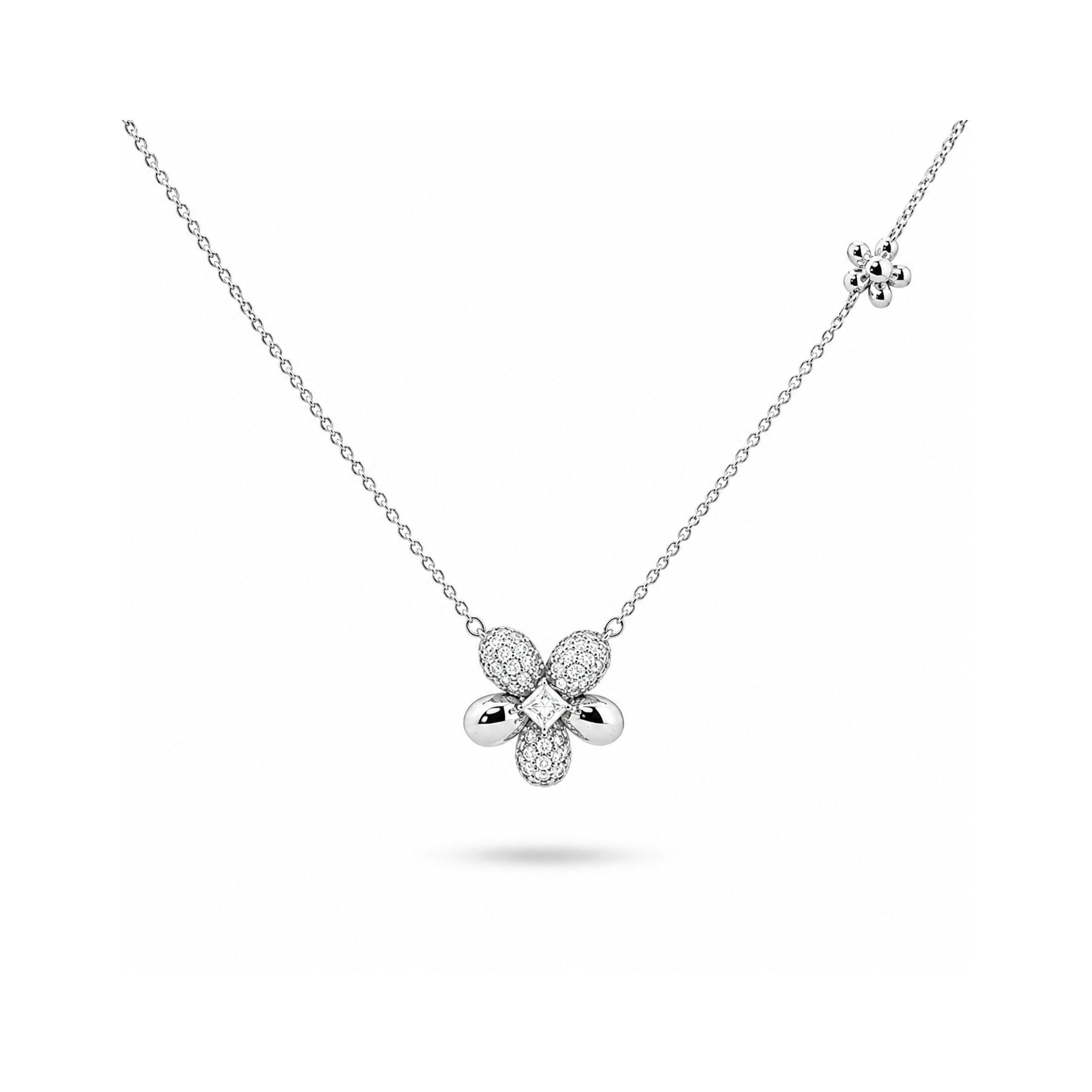 925 Sterling Silver Floral Pave Pendant Necklace