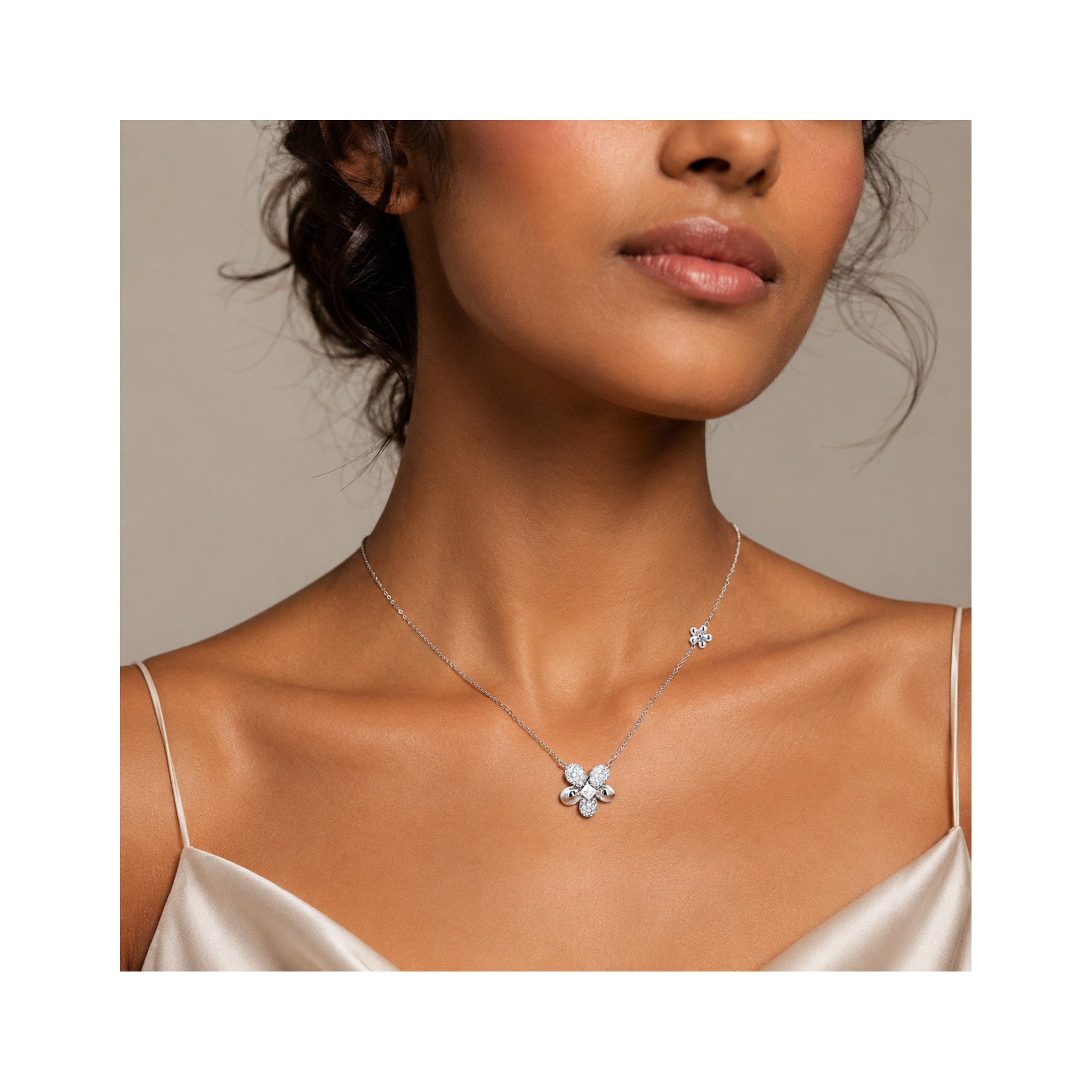 925 Sterling Silver Floral Pave Pendant Necklace
