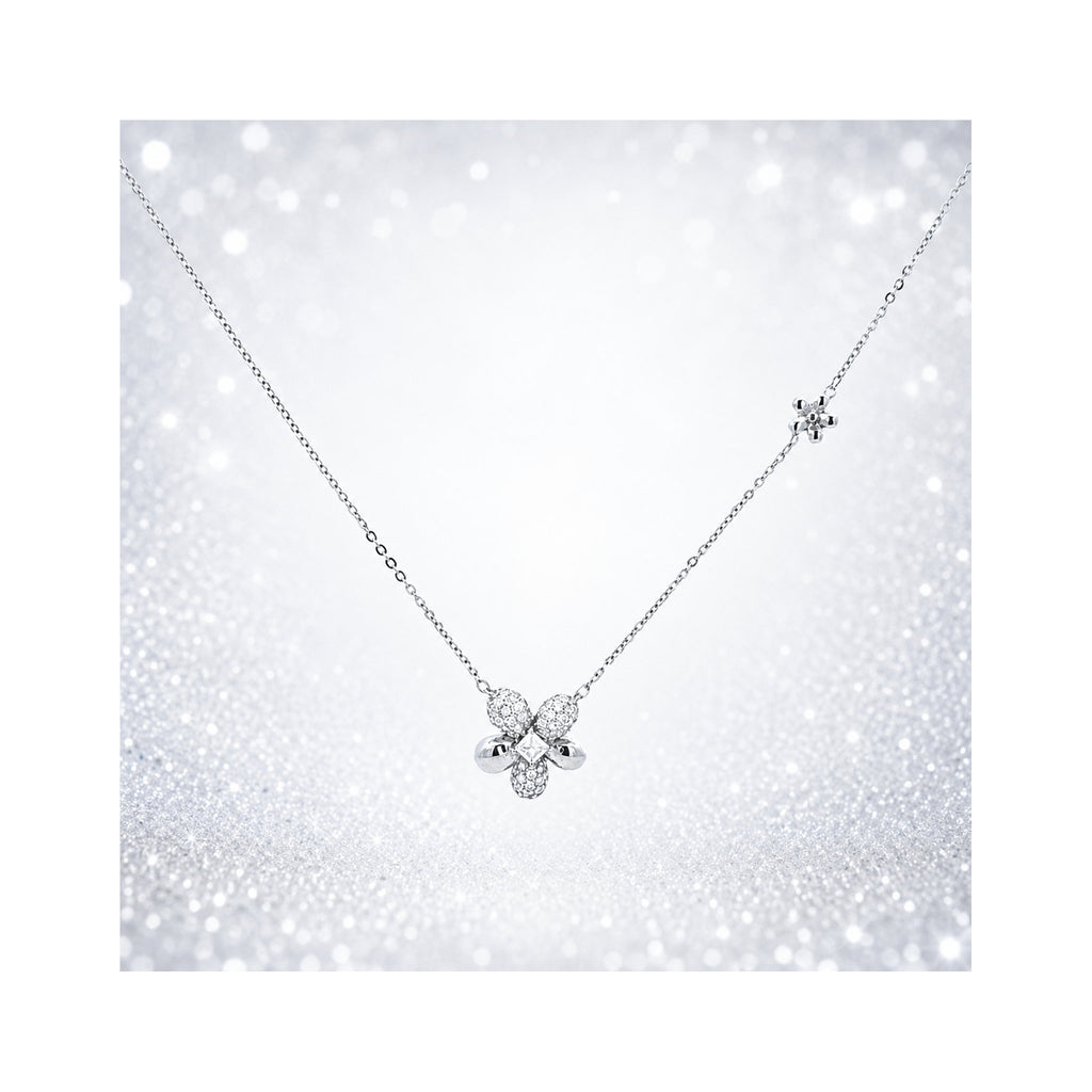 925 Sterling Silver Floral Pave Pendant Necklace