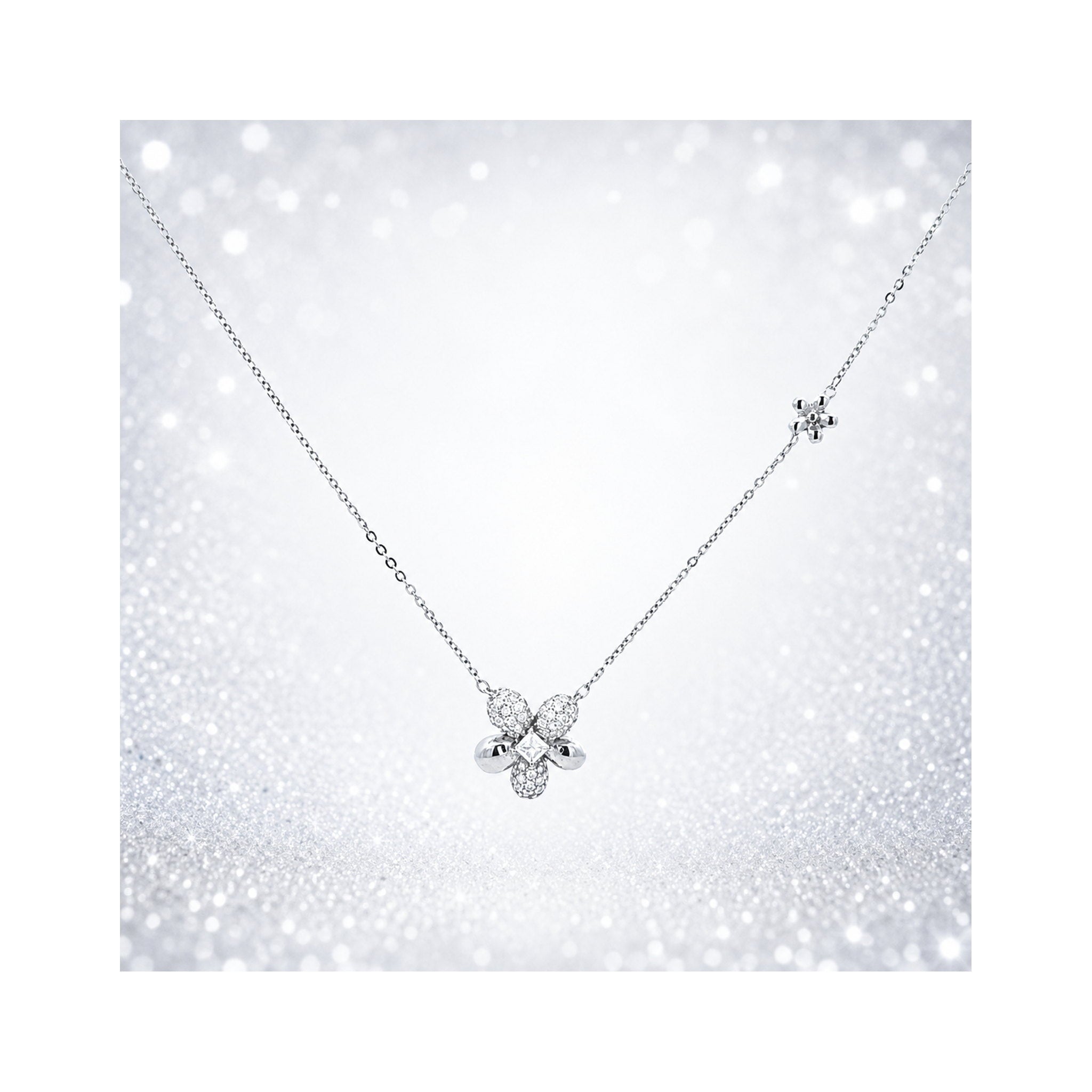 925 Sterling Silver Floral Pave Pendant Necklace