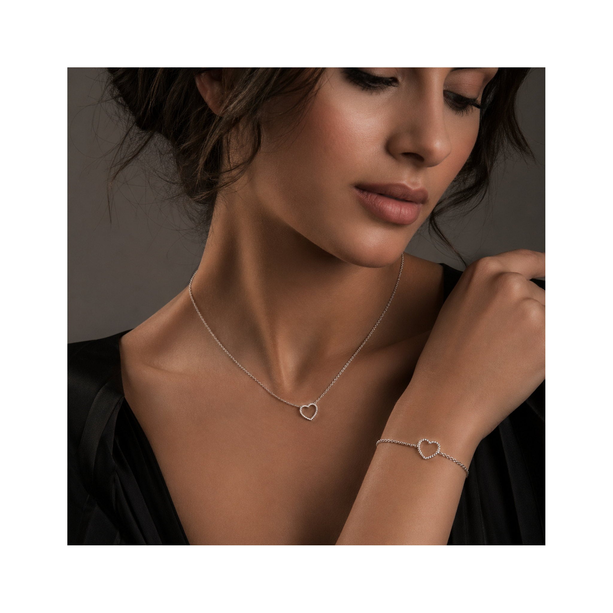 925 Sterling Silver Beaded Open Heart Chain Necklace and Bracelet Set