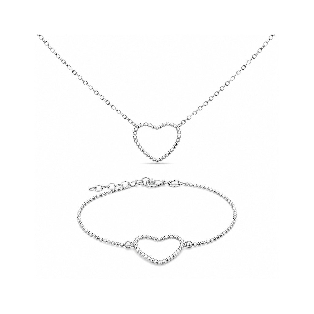 925 Sterling Silver Beaded Open Heart Chain Necklace and Bracelet Set