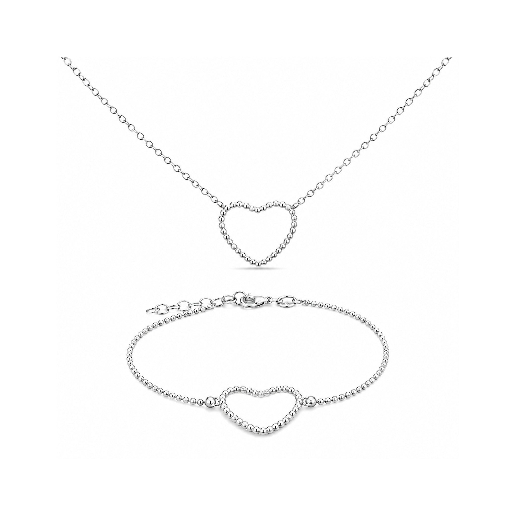 925 Sterling Silver Beaded Open Heart Chain Necklace and Bracelet Set