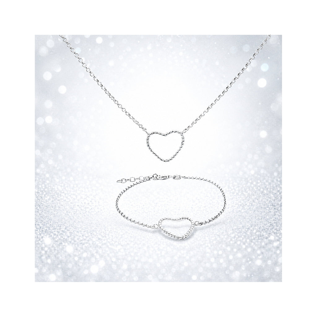 925 Sterling Silver Beaded Open Heart Chain Necklace and Bracelet Set