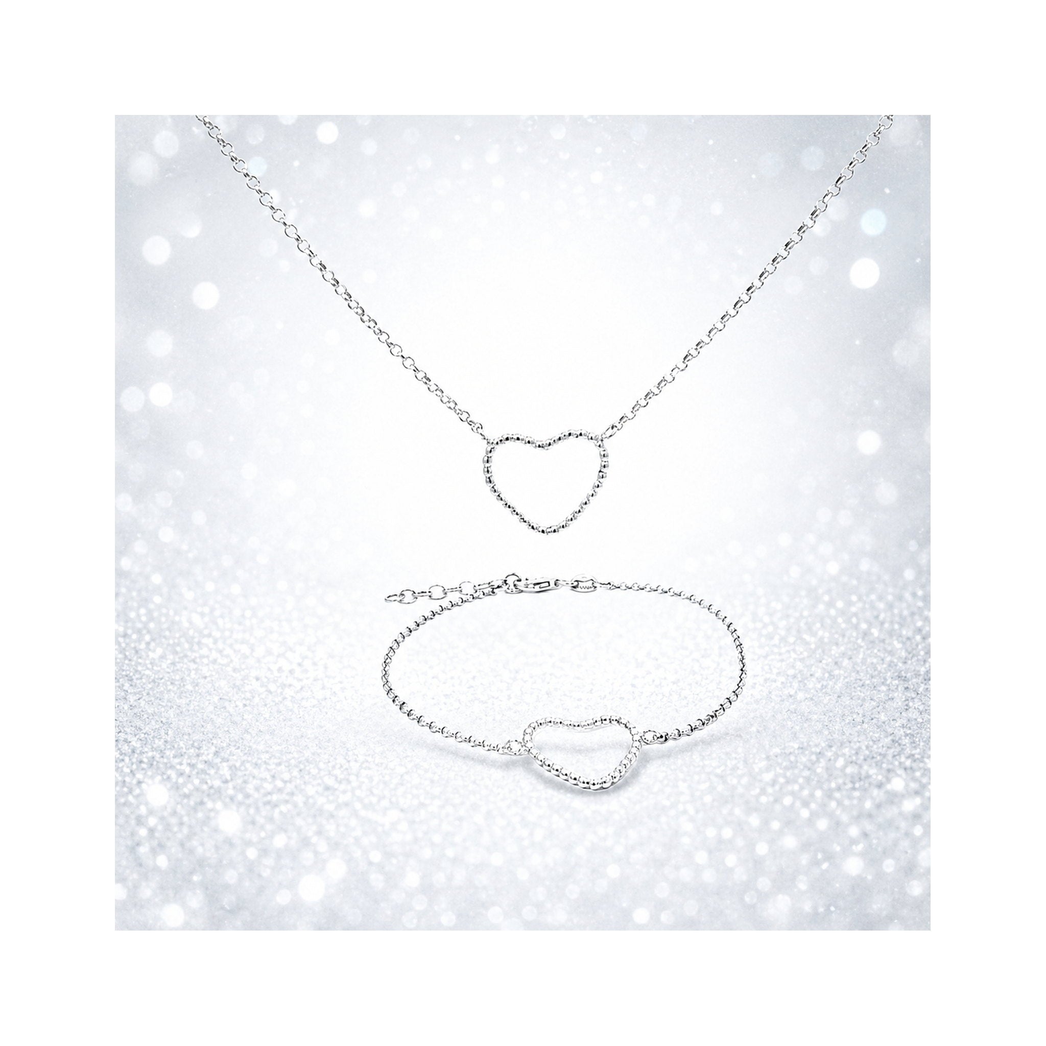 925 Sterling Silver Beaded Open Heart Chain Necklace and Bracelet Set