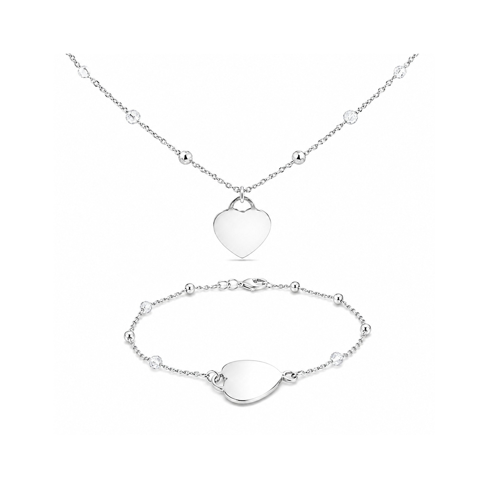 925 Sterling Silver Heart Charm Necklace and Bracelet Set