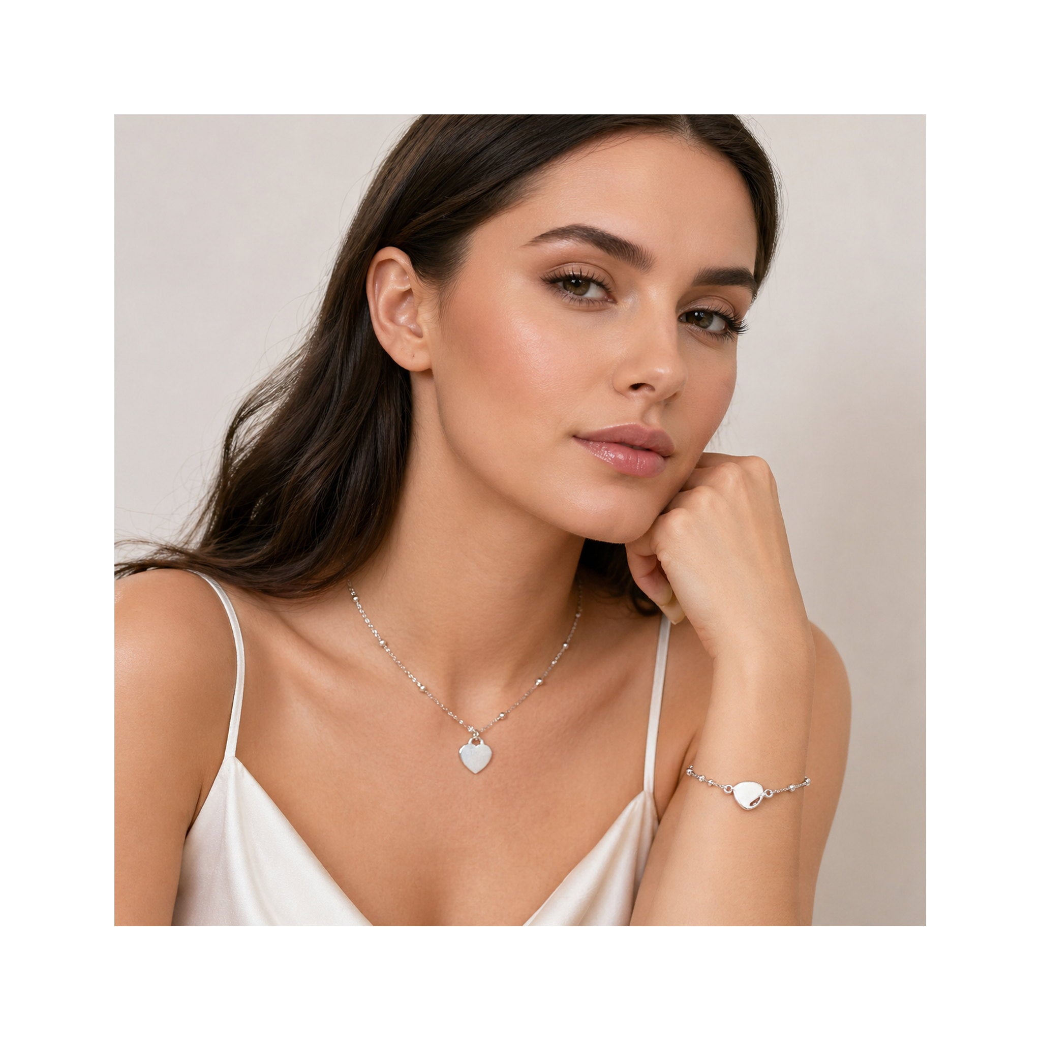 925 Sterling Silver Heart Charm Necklace and Bracelet Set
