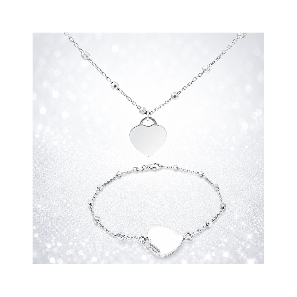 925 Sterling Silver Heart Charm Necklace and Bracelet Set