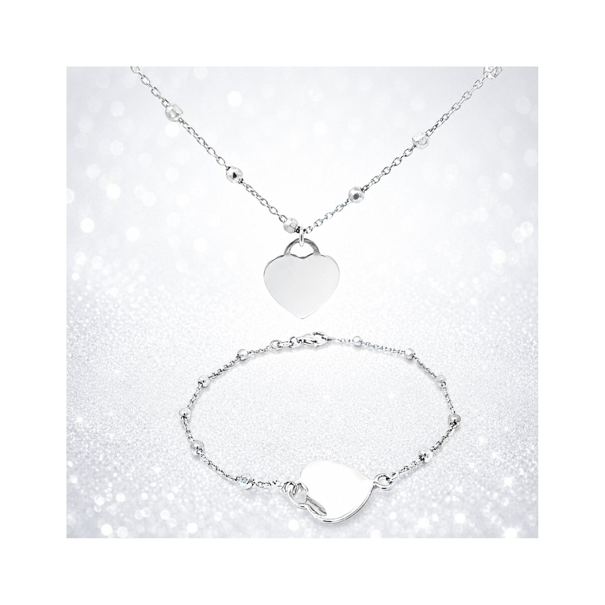 925 Sterling Silver Heart Charm Necklace and Bracelet Set