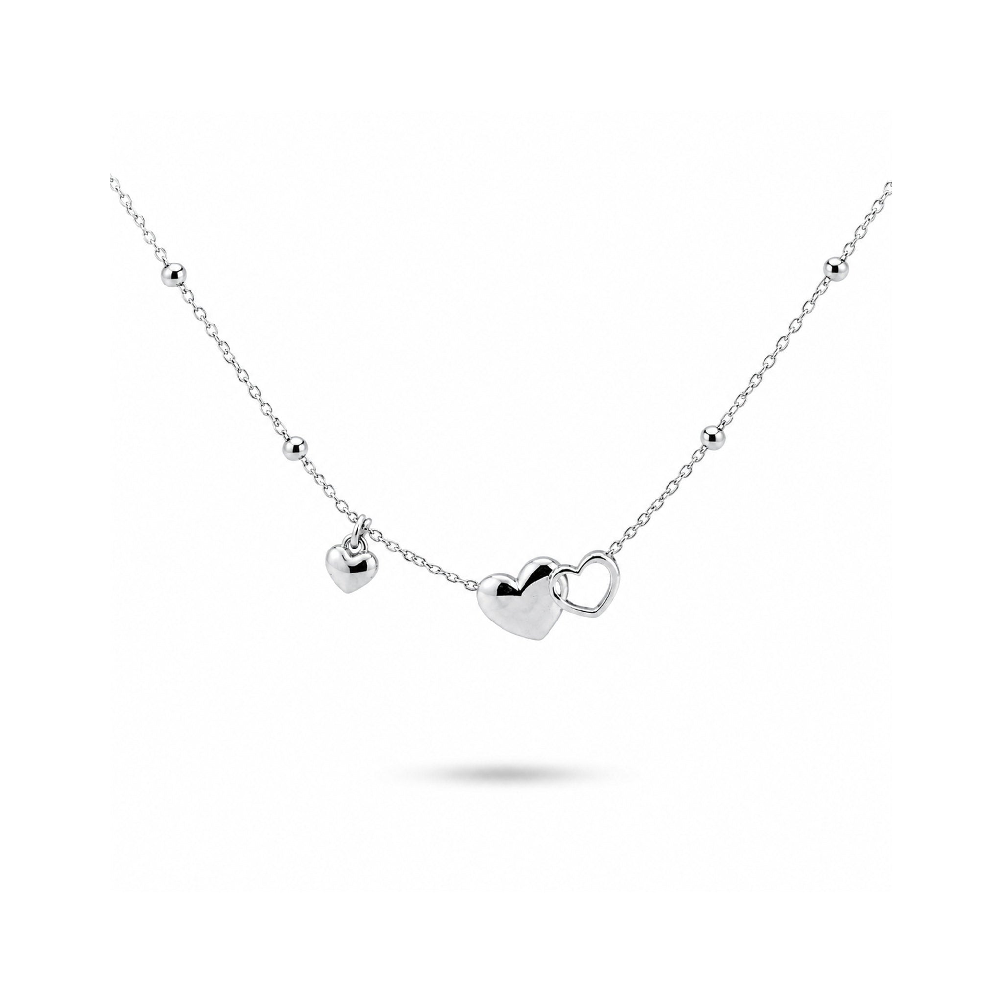 925 Sterling Silver Interlocking Hearts  Charm Necklace with Beaded Chain