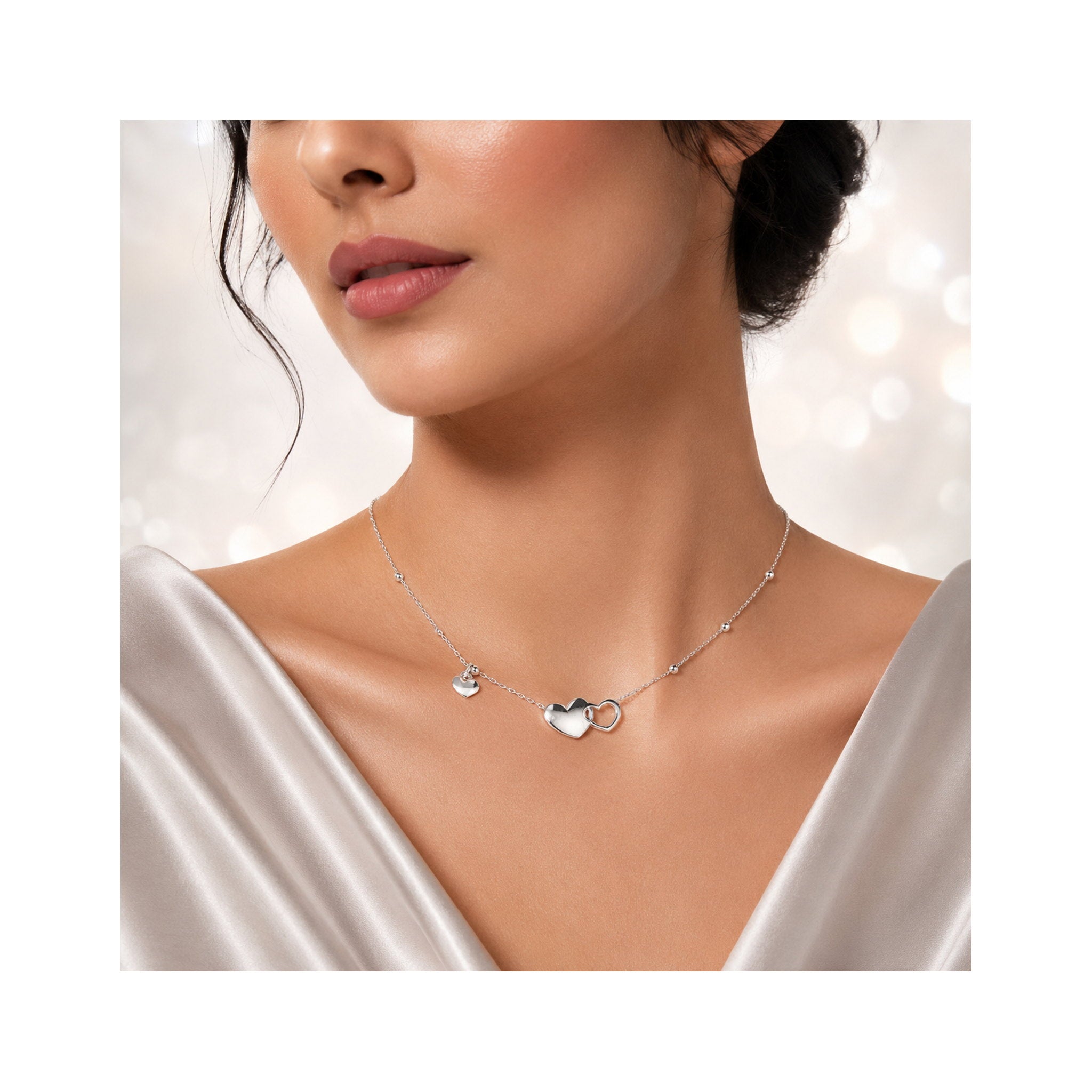 925 Sterling Silver Interlocking Hearts  Charm Necklace with Beaded Chain