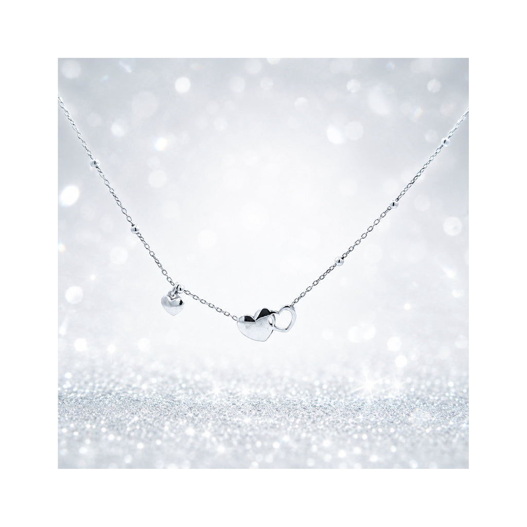 925 Sterling Silver Interlocking Hearts  Charm Necklace with Beaded Chain