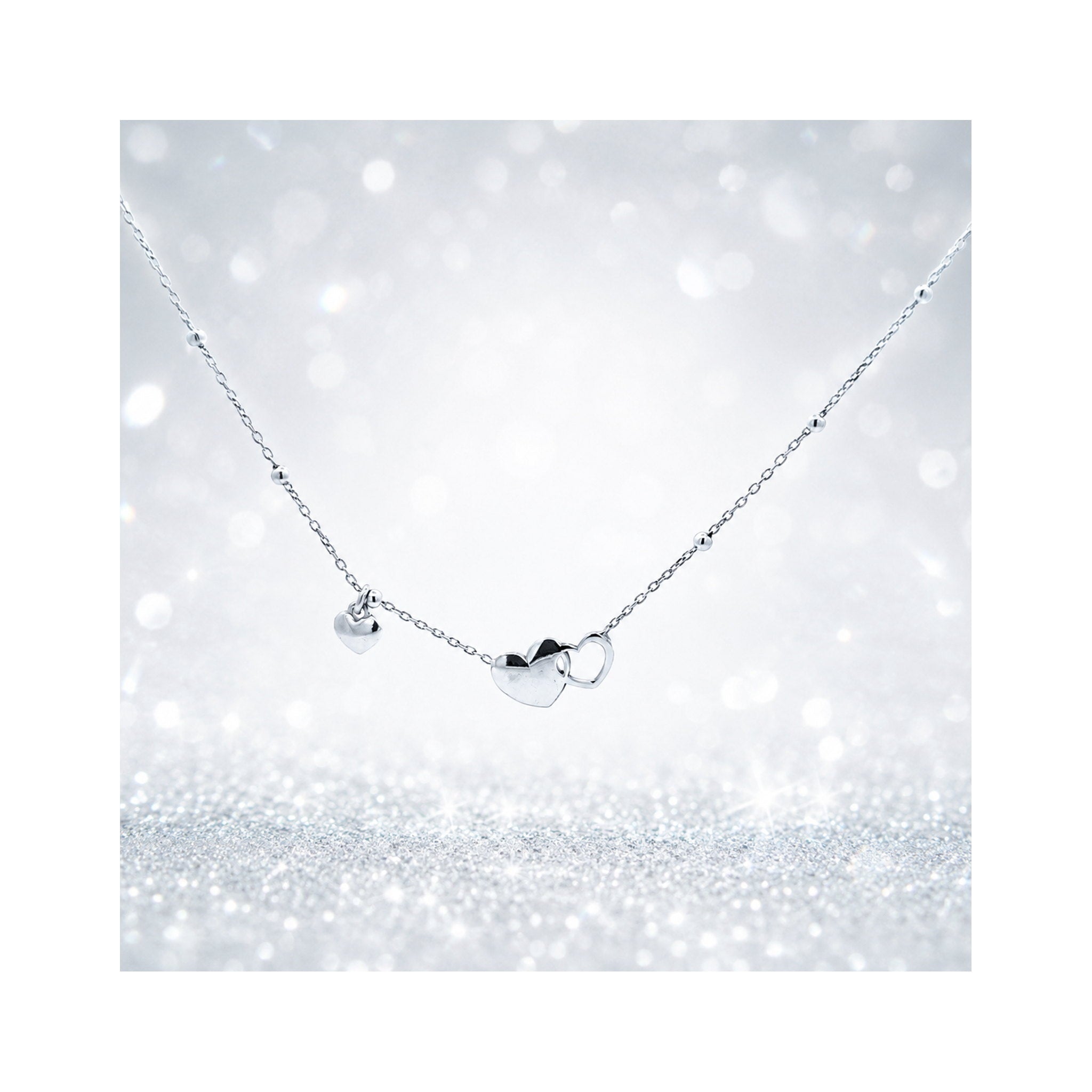 925 Sterling Silver Interlocking Hearts  Charm Necklace with Beaded Chain