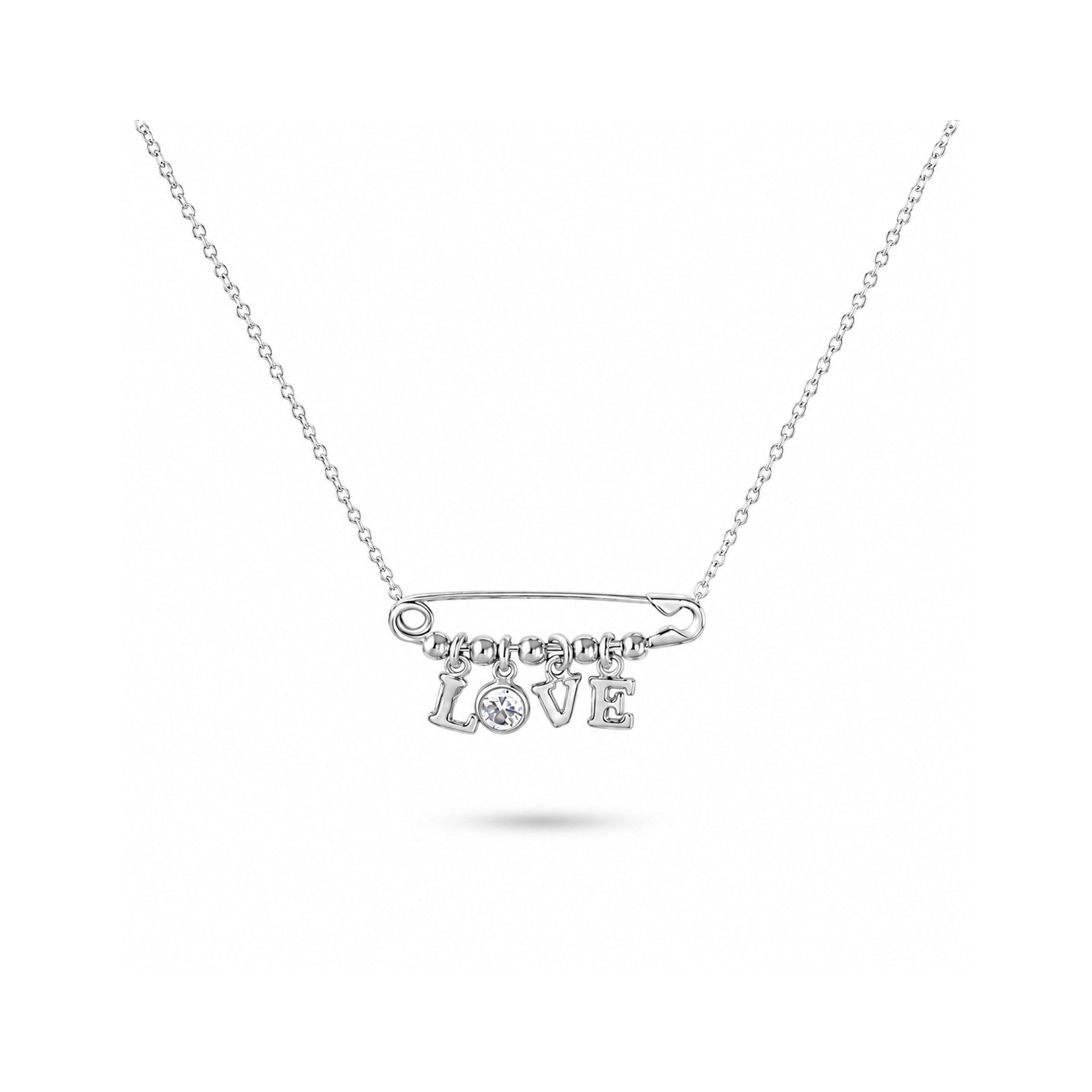 925 Sterling Silver  Love Safety Pin Charm Necklace