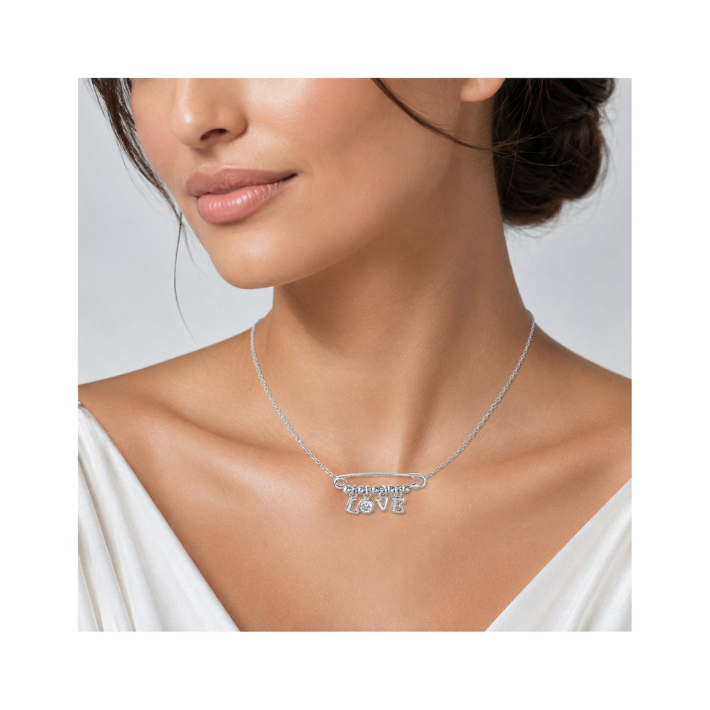 925 Sterling Silver  Love Safety Pin Charm Necklace
