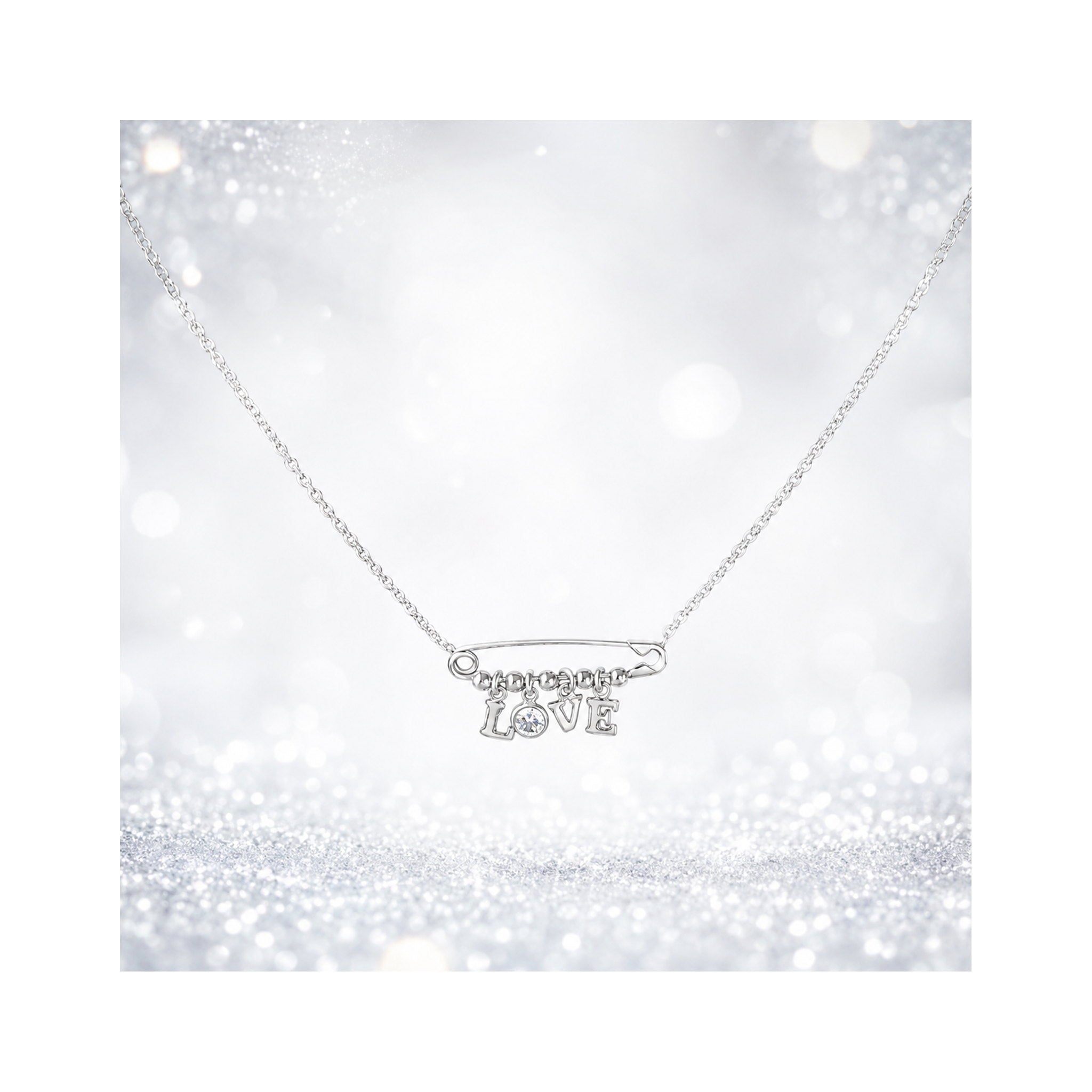 925 Sterling Silver  Love Safety Pin Charm Necklace