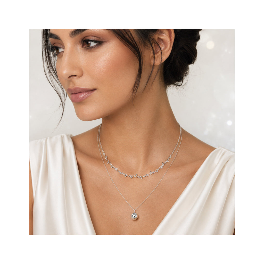 925 Sterling Silver Layered Necklace with Beaded Chain and Sphere Pendant