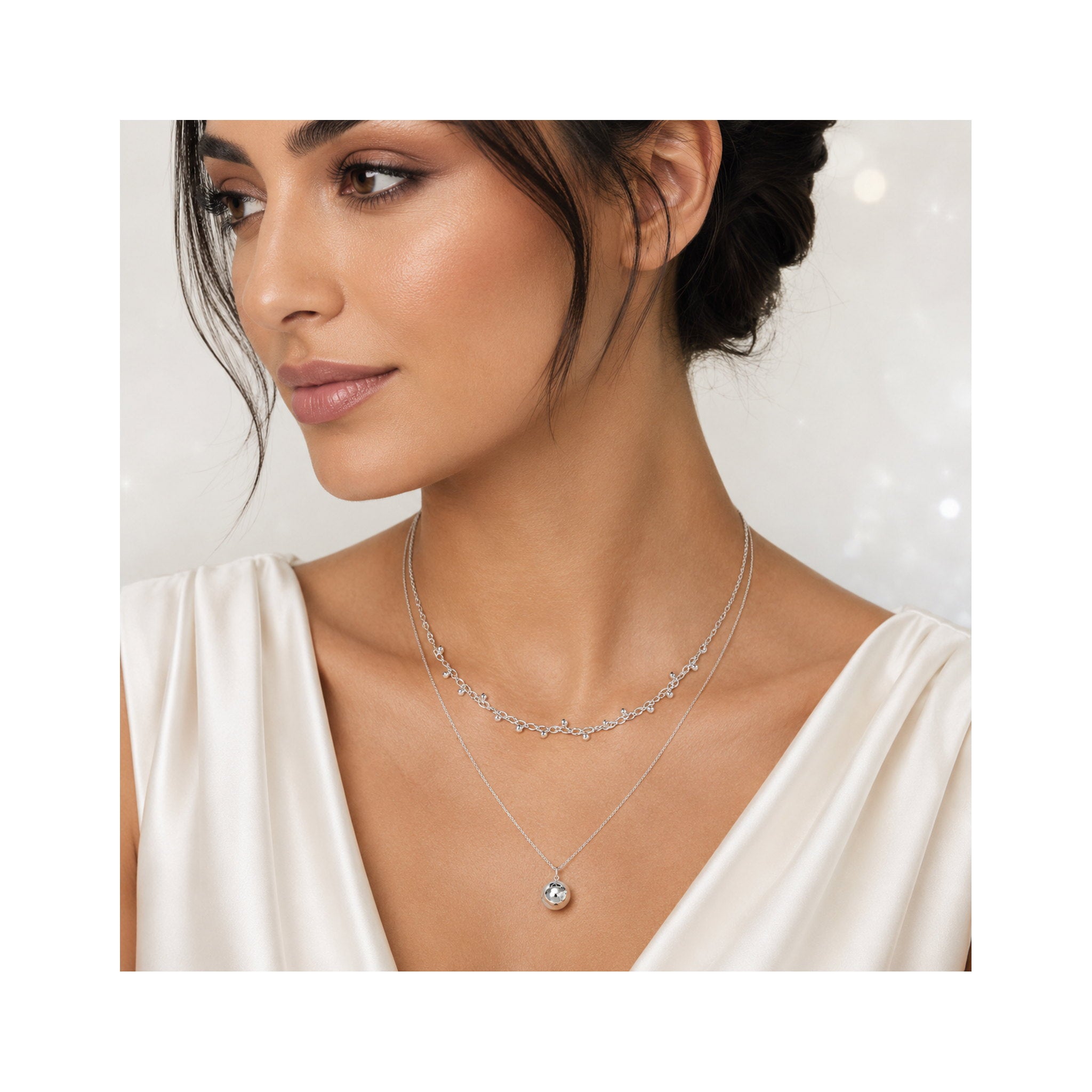 925 Sterling Silver Layered Necklace with Beaded Chain and Sphere Pendant