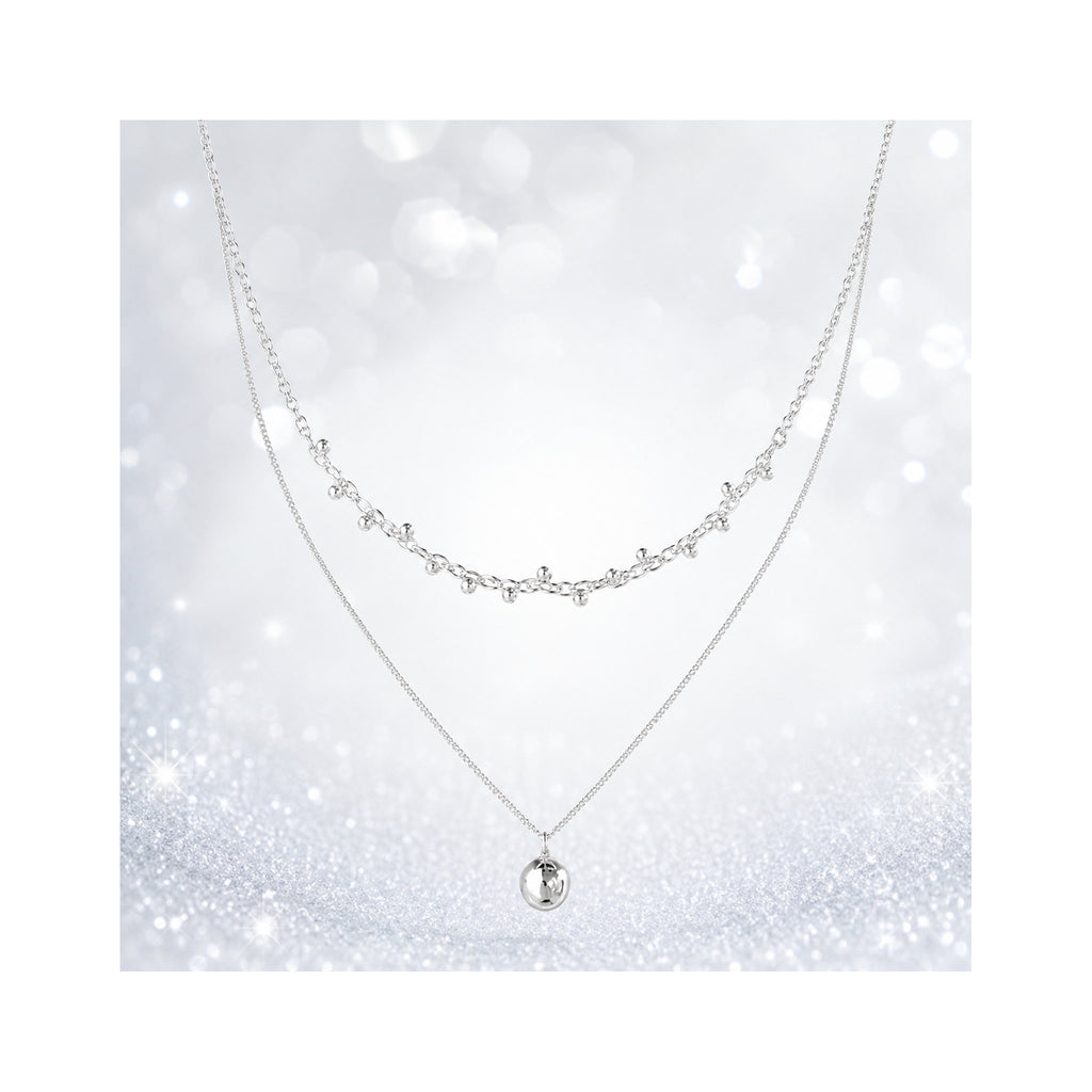 925 Sterling Silver Layered Necklace with Beaded Chain and Sphere Pendant