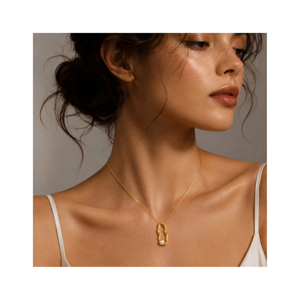 925 Sterling Silver Gold Plated Organic Wave Pearl Pendant Necklace
