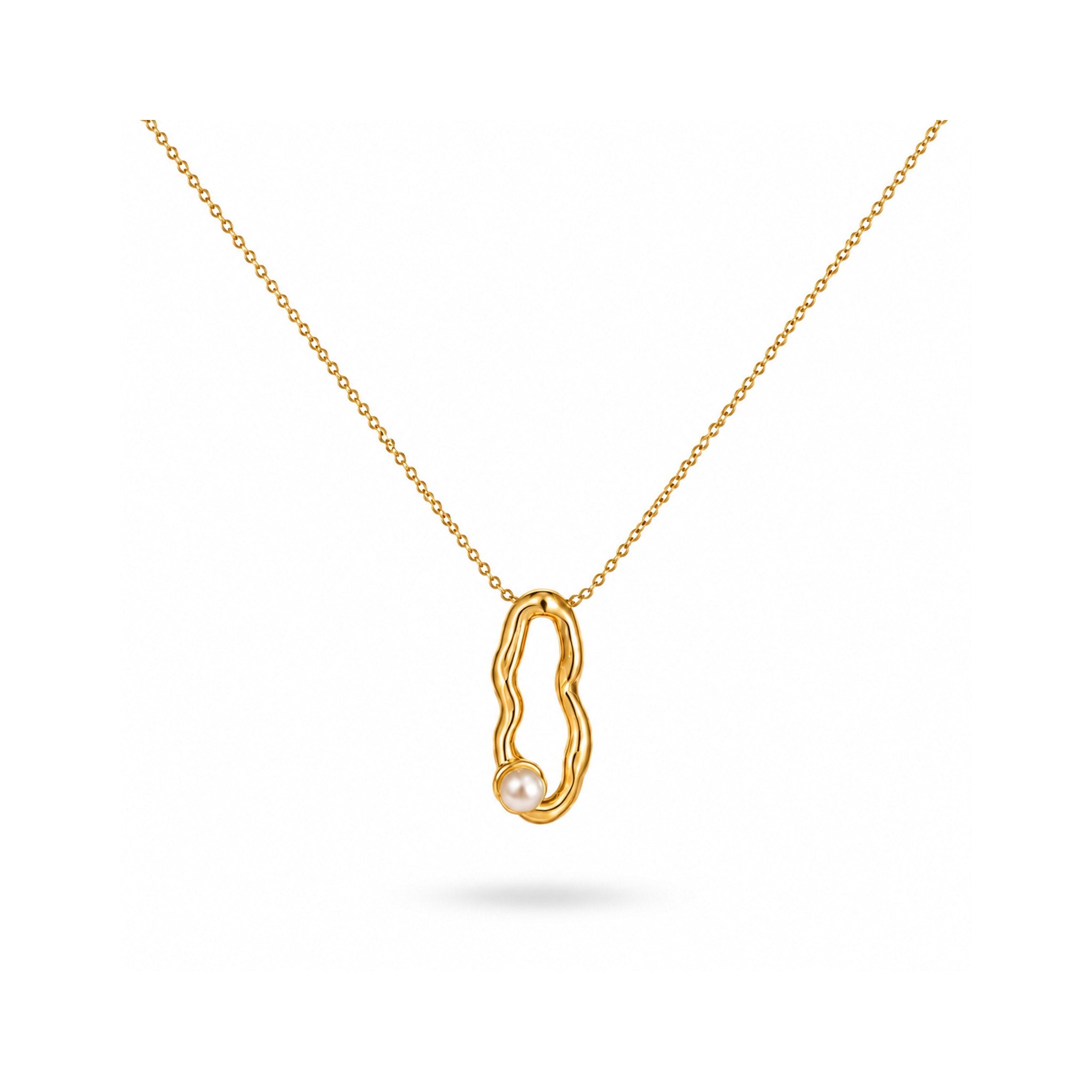 925 Sterling Silver Gold Plated Organic Wave Pearl Pendant Necklace
