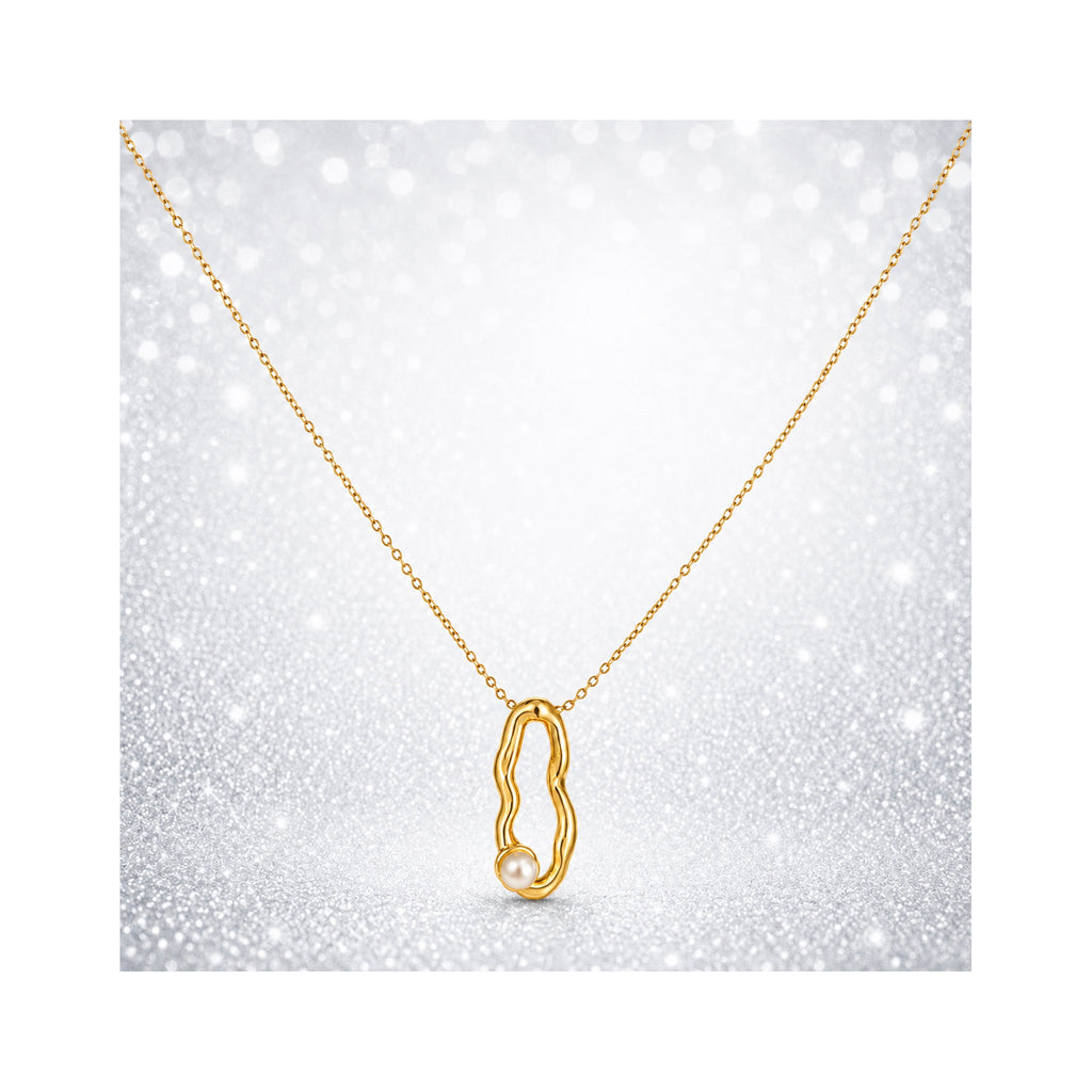 925 Sterling Silver Gold Plated Organic Wave Pearl Pendant Necklace