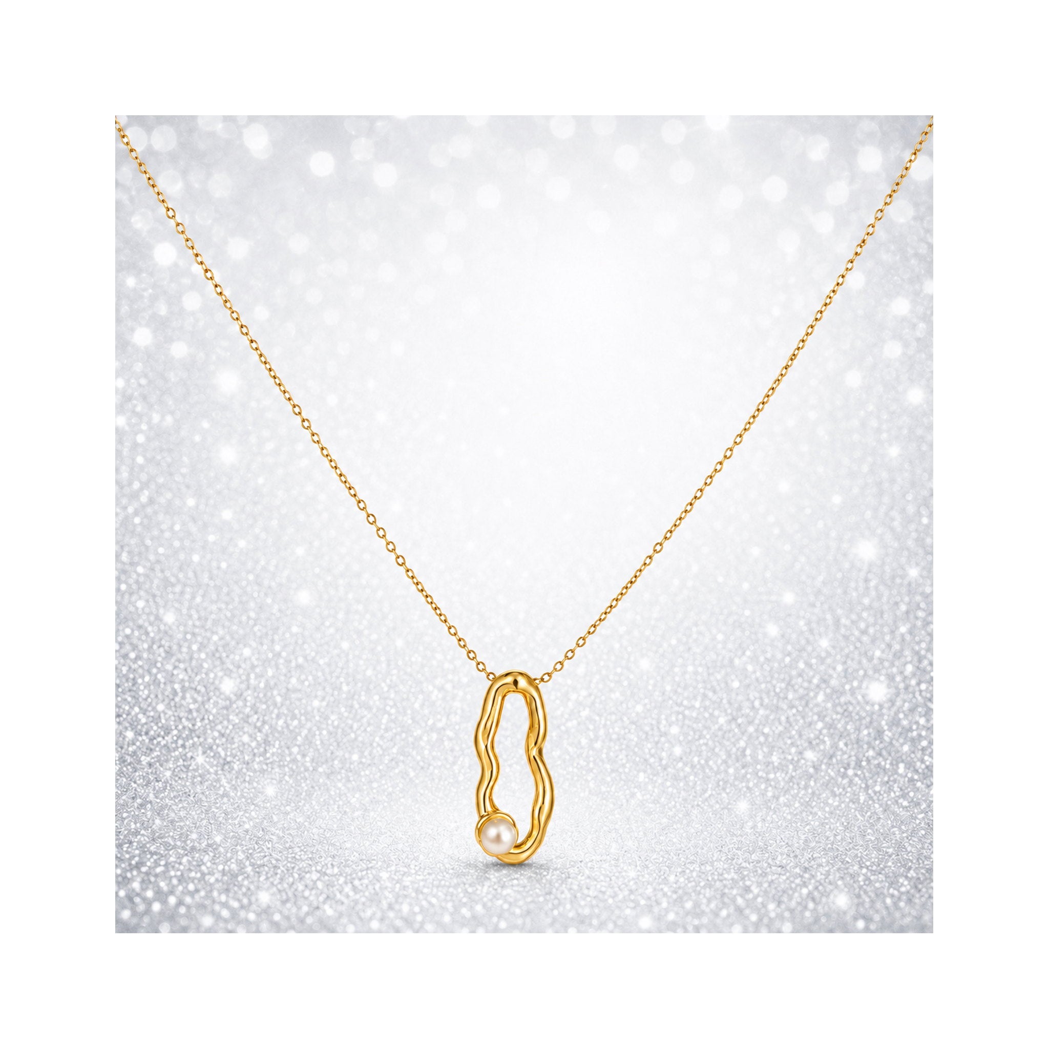 925 Sterling Silver Gold Plated Organic Wave Pearl Pendant Necklace