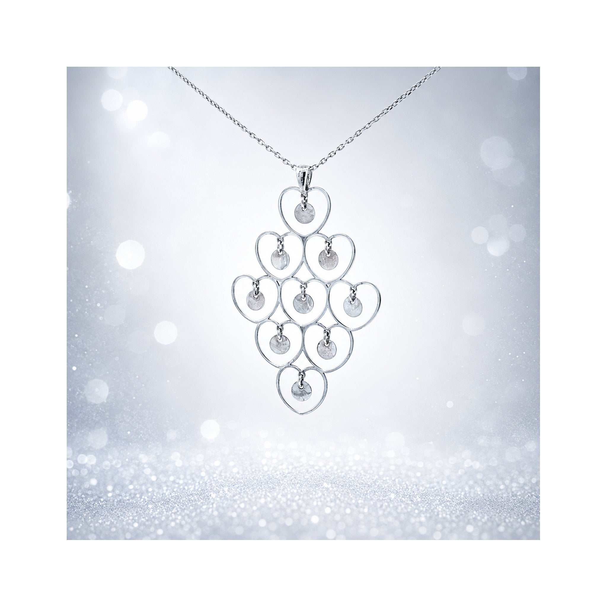 925 Sterling Silver Articulated  Multi-Heart and Disc Pendant Necklace