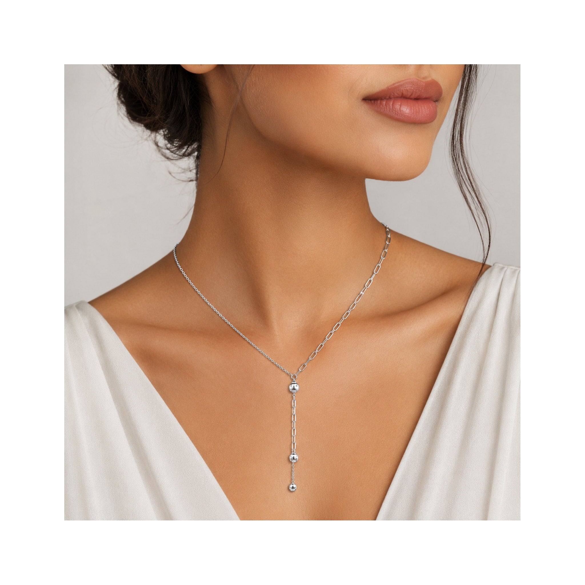 925 Sterling Silver Lariat Necklace with Mixed Chain Design