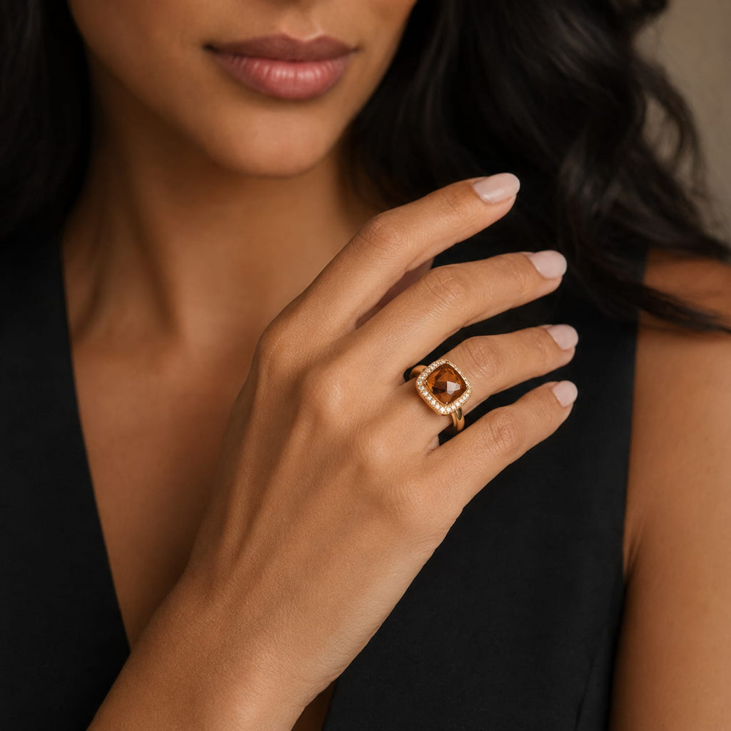 925 Sterling Silver Gold  Plated  Square Frame Solitaire Ring
