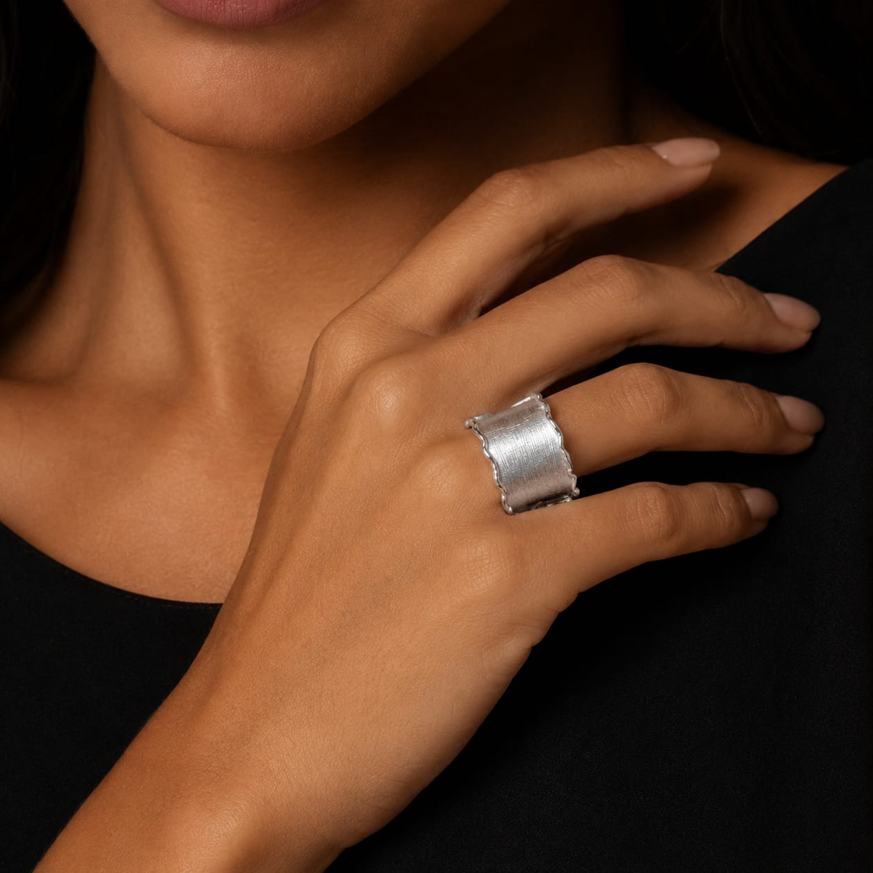 925 Sterling  Silver Textured Wide Band Ring with Organic Edges